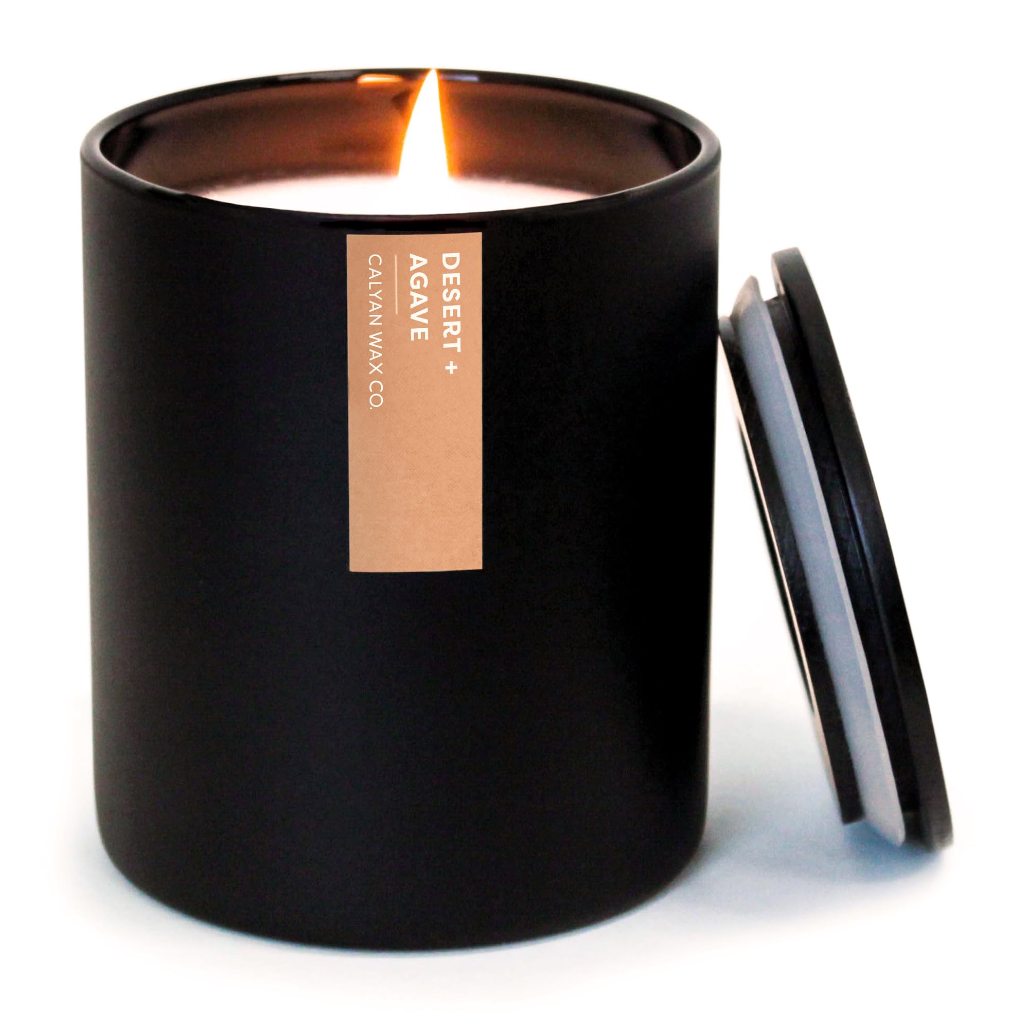 Calyan Wax Co. Desert & Agave, bougie noire en gobelet, ambiance durable.