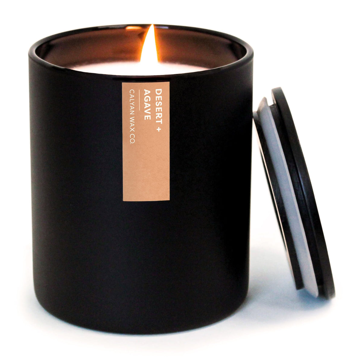 Calyan Wax Co. Desert & Agave, bougie noire en gobelet, ambiance durable.