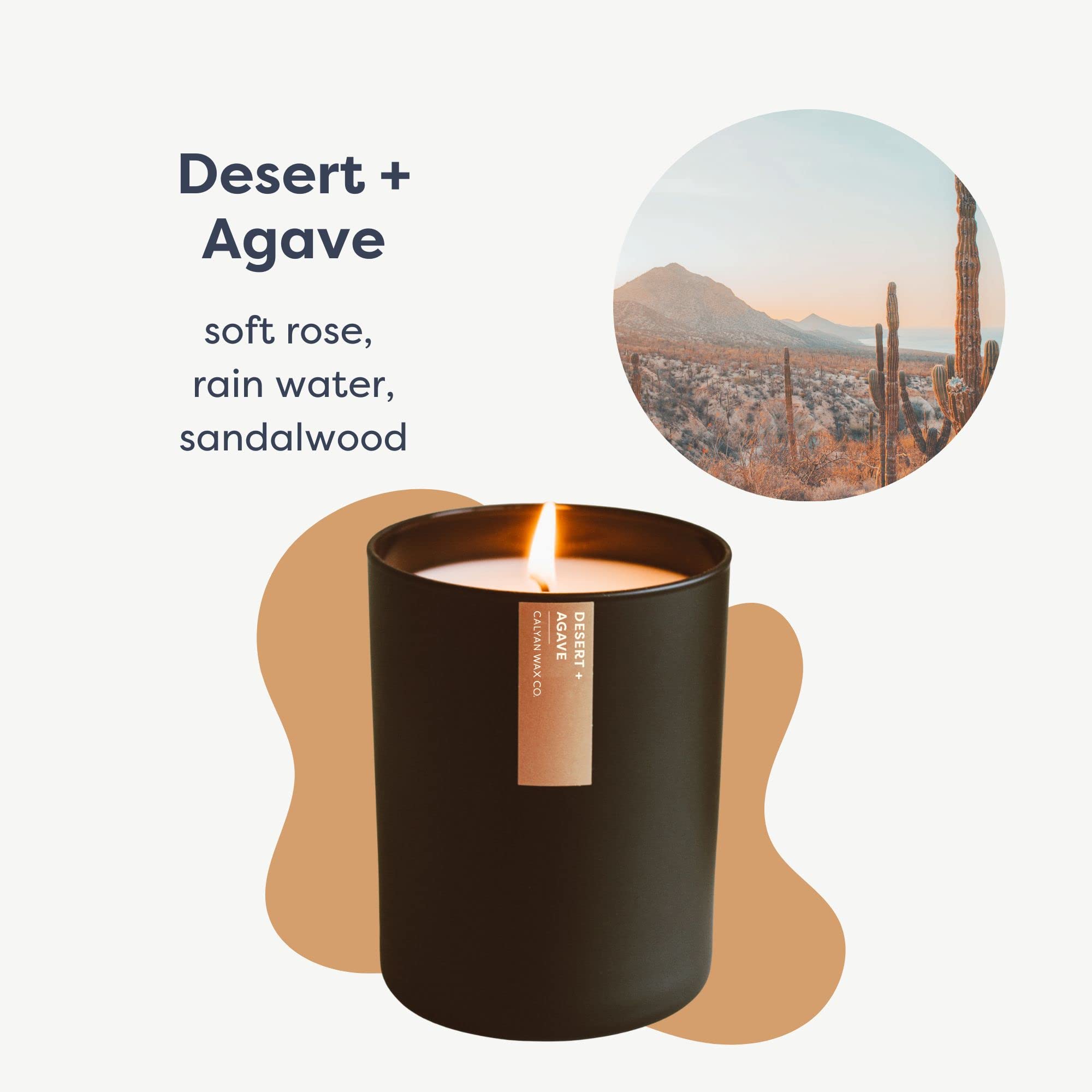 Calyan Wax Co. Desert & Agave, couvercle retiré, flamme claire.