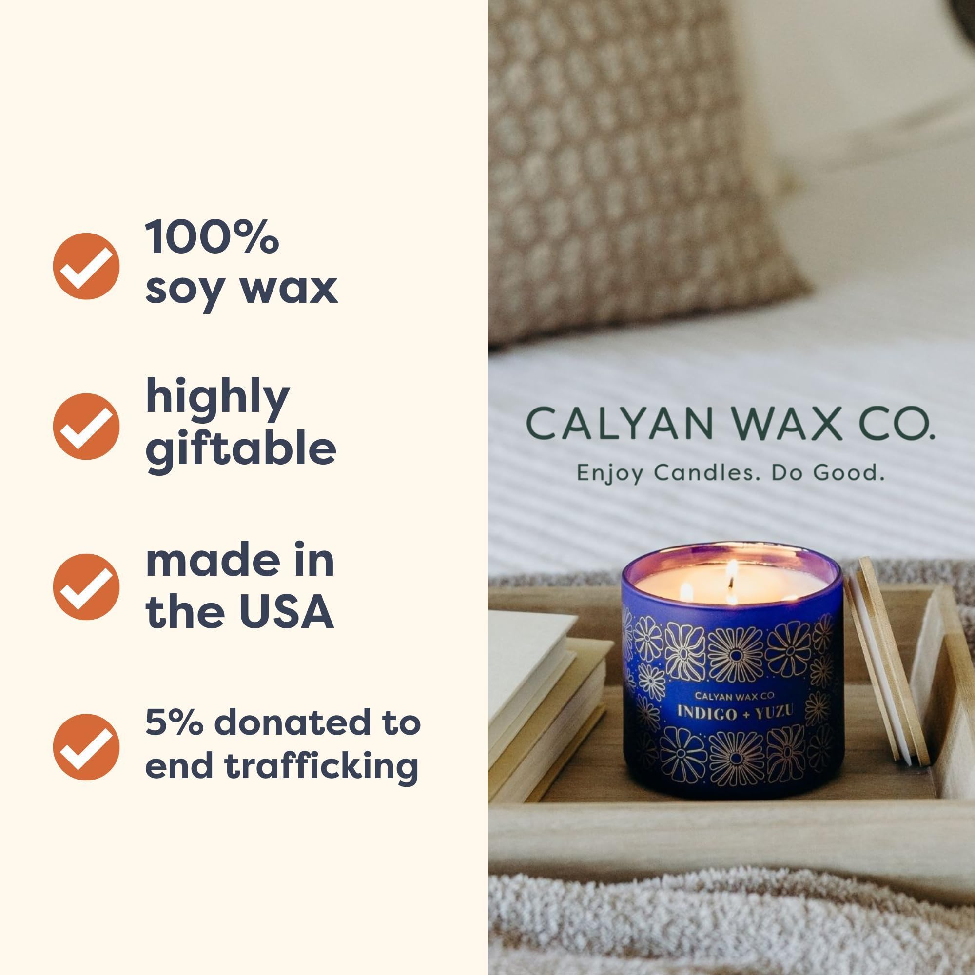 Calyan Wax Co. Engagement: 5% des profits reversés.