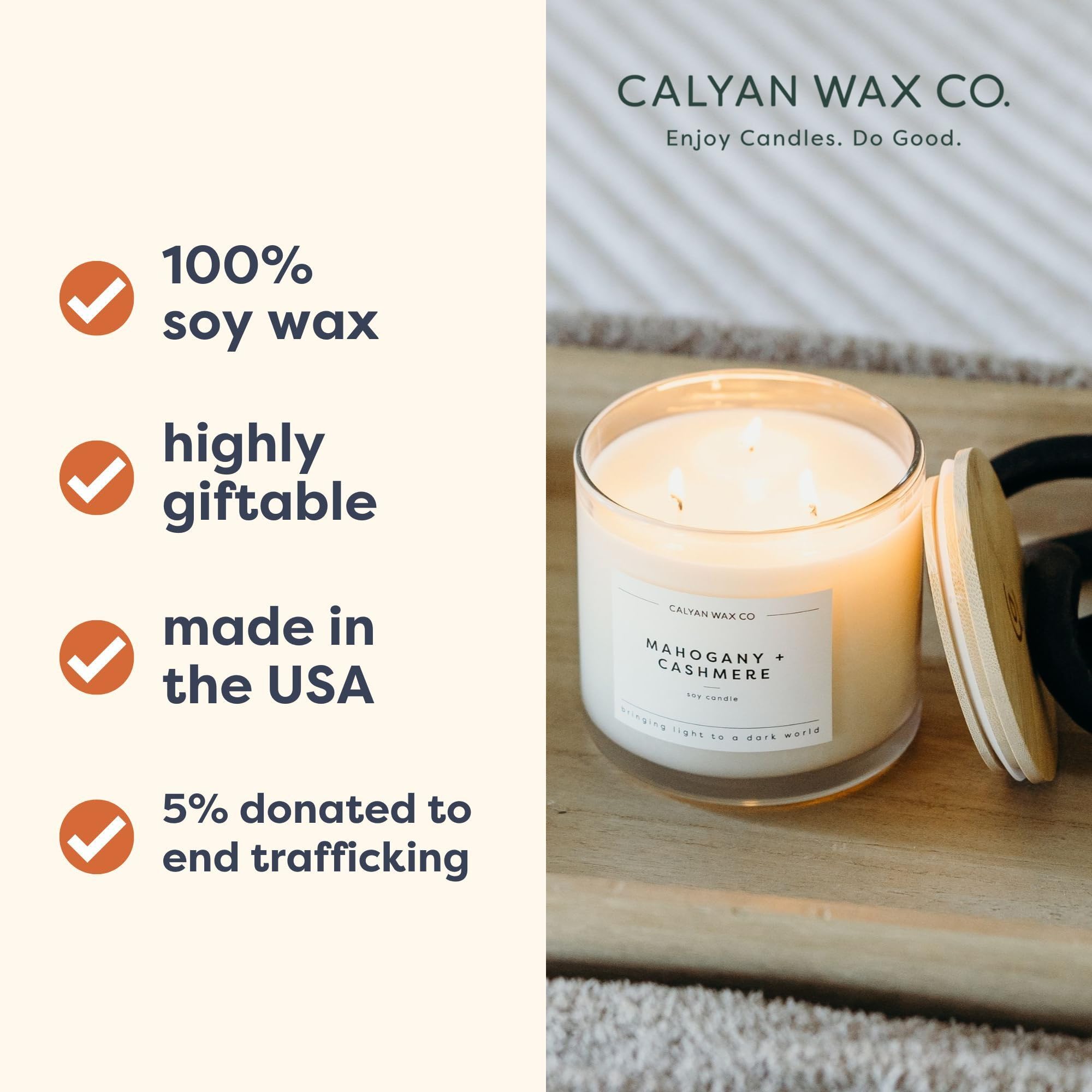 Flamme douce de la bougie Calyan Wax Co dans sa jarre verre