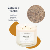 Calyan Wax Co. Vetiver et Tonka, bougie-verre lumineux pour des soirées détente prolongées.