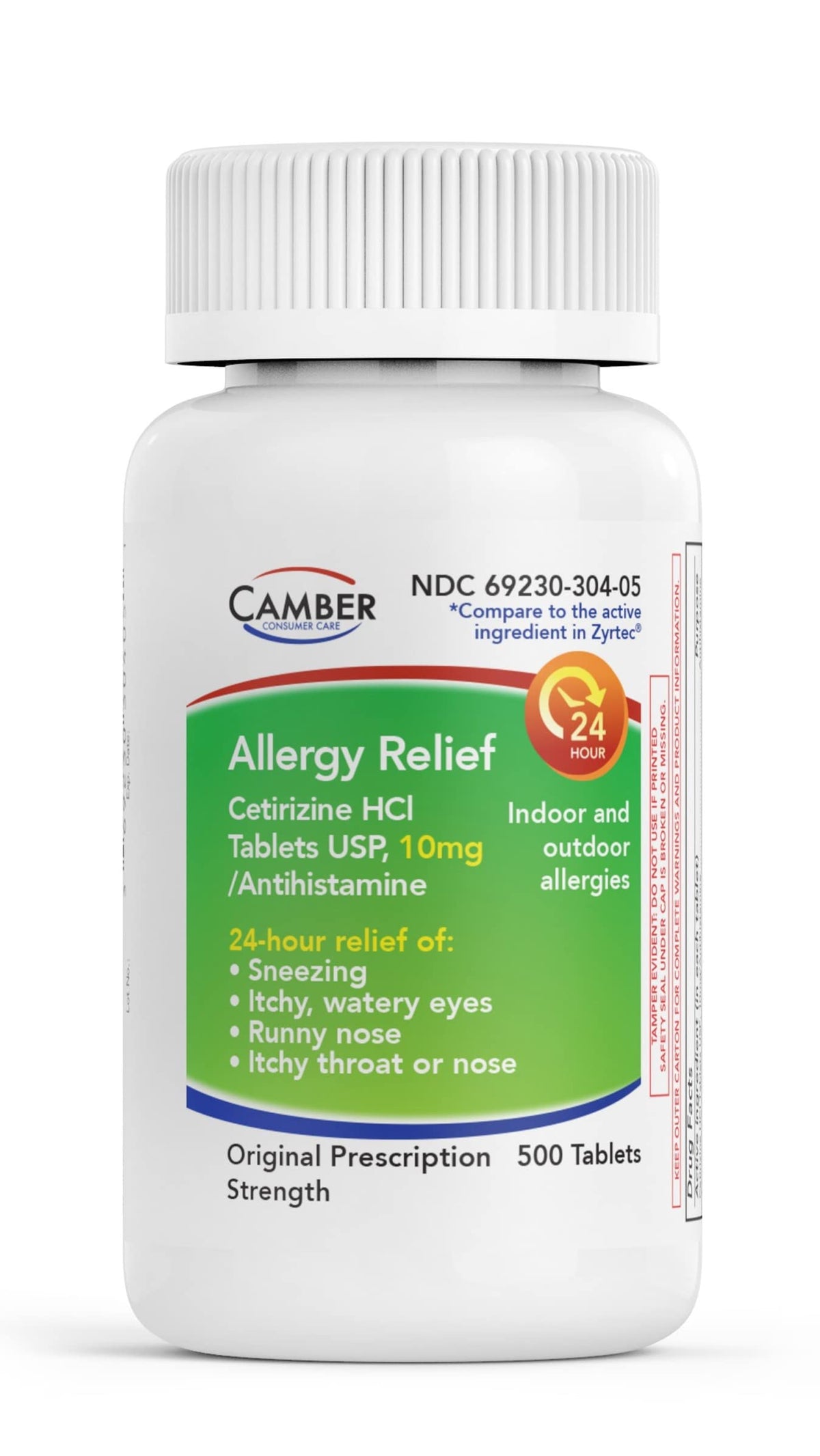 Boîte CAMBER Cetirizine 10 mg, soulagement 24 heures des allergies.