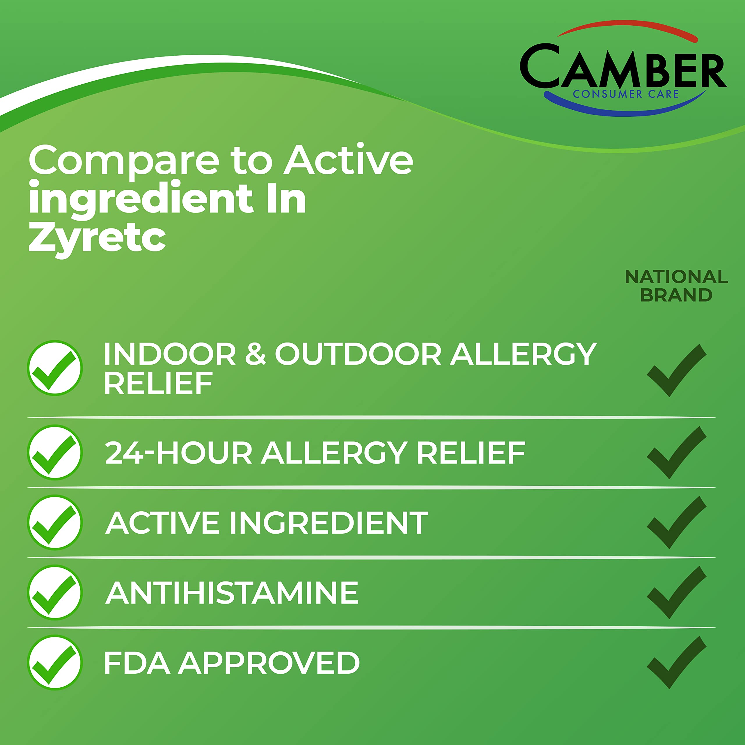 Étiquette CAMBER Cetirizine 10 mg sur plaquette pratique.