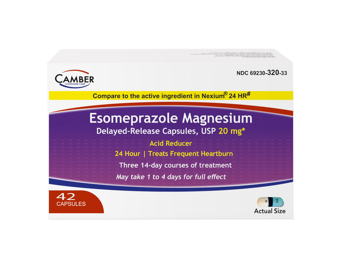 Camber Esoméprazole Magnésium 20 mg : boîte et flacon, pratique pour brûlures d'estomac