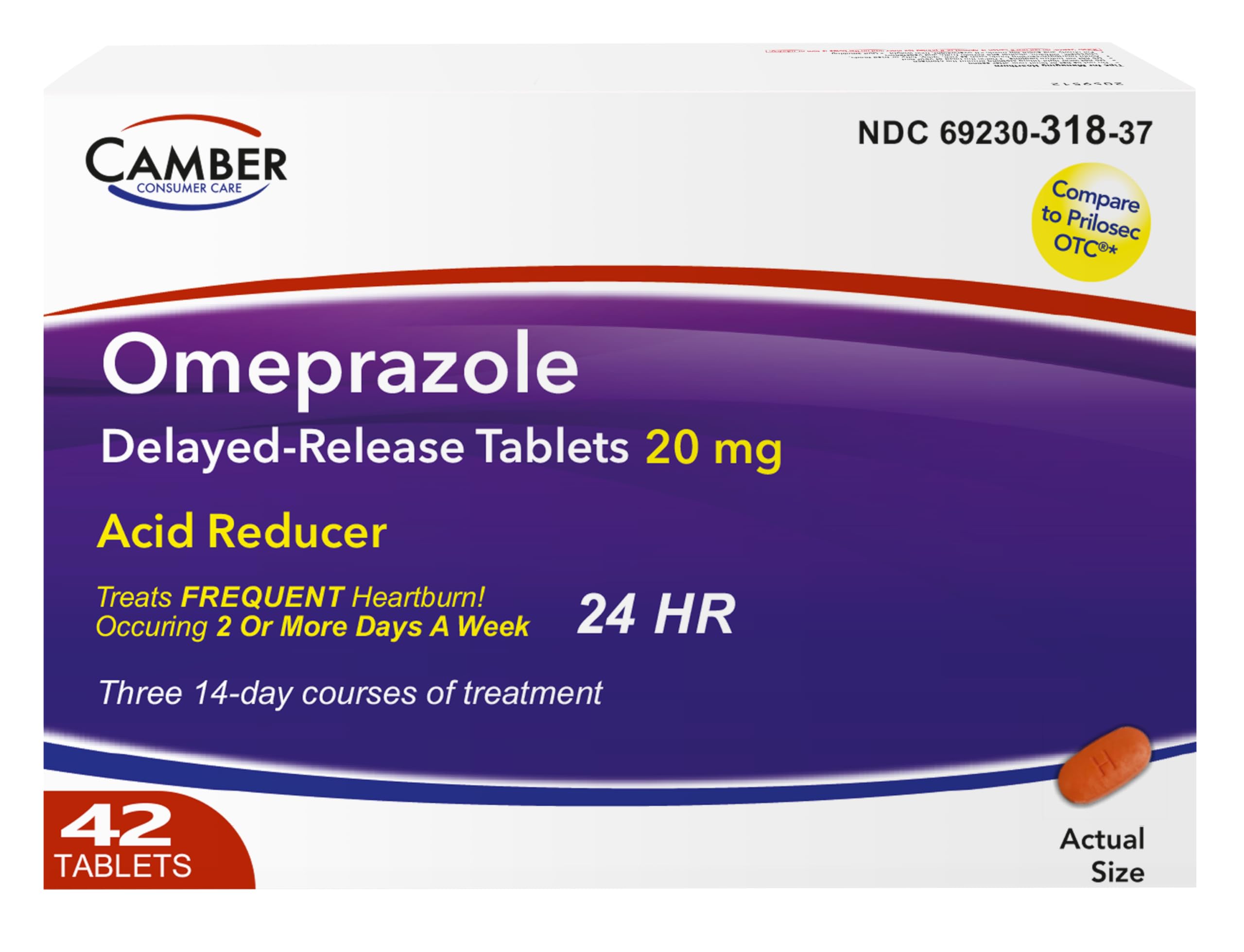 Camber Oméprazole 20mg – tablettes visibles dans boîte, soulagement potentiel des brûlures d’estomac.