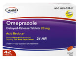 Camber Oméprazole 20mg – tablettes visibles dans boîte, soulagement potentiel des brûlures d’estomac.