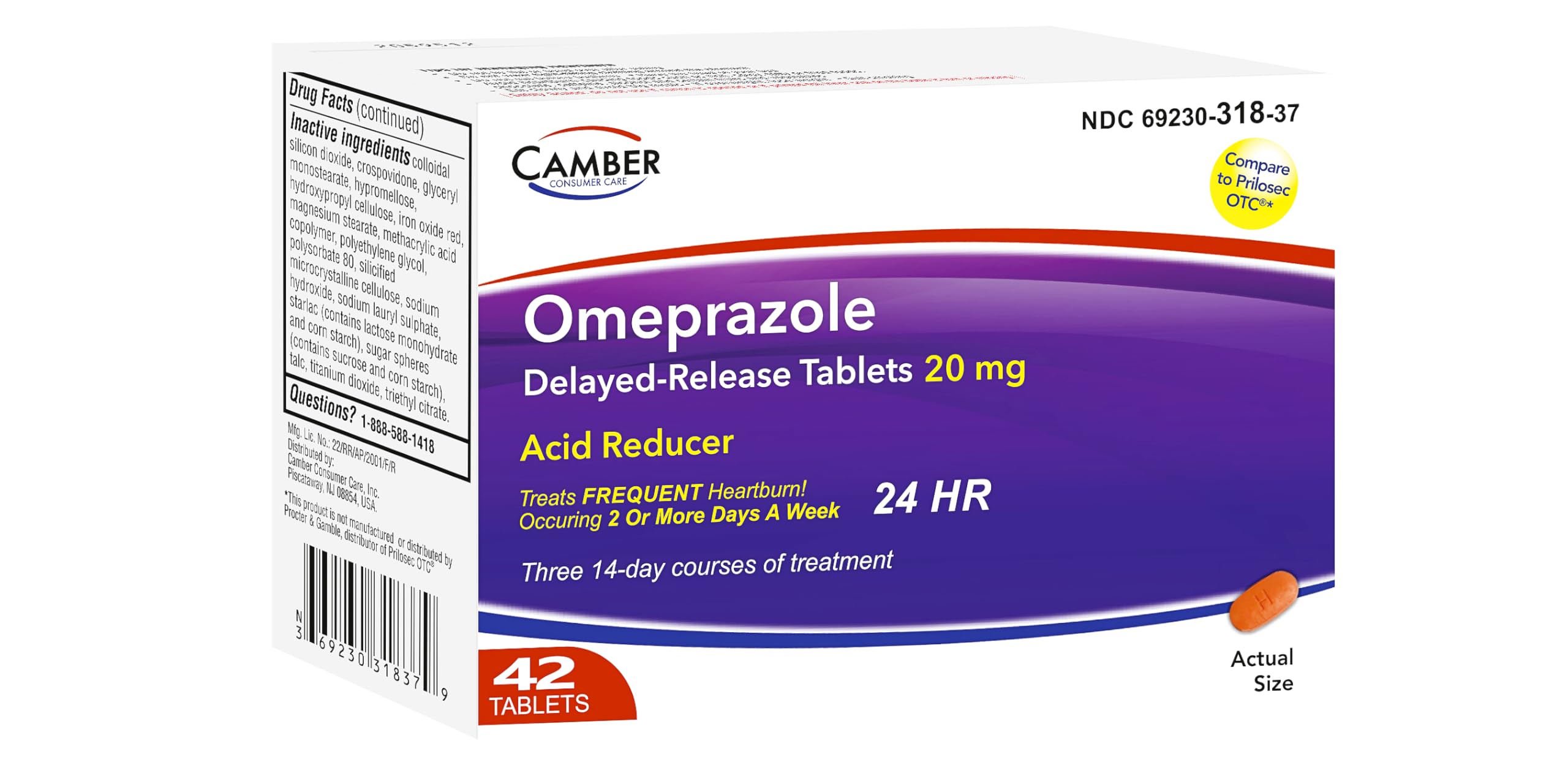 Camber Oméprazole 20mg – traitement de 14 jours pour brûlures occasionnelles.