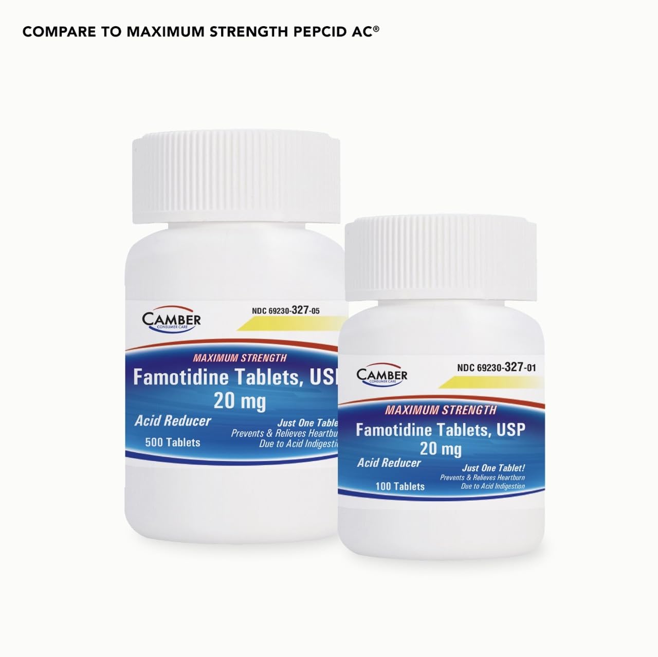 Camber pharmaceutiques 20 mg famotidine – emballage pratique pour 100 tablettes à domicile.