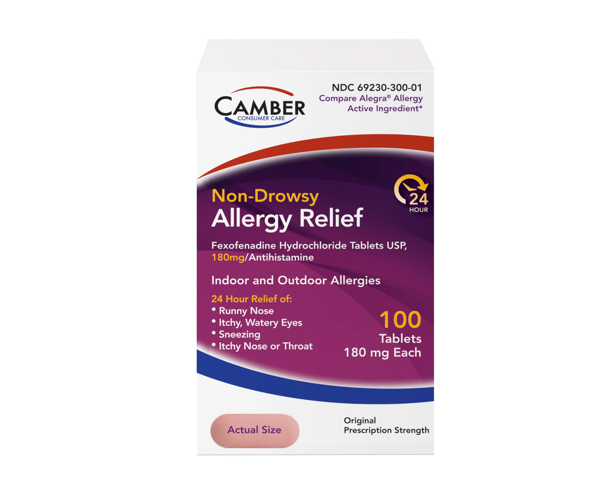 Camber Fexofenadine — boîte 100 comprimés, soulagement potentiel quotidien.