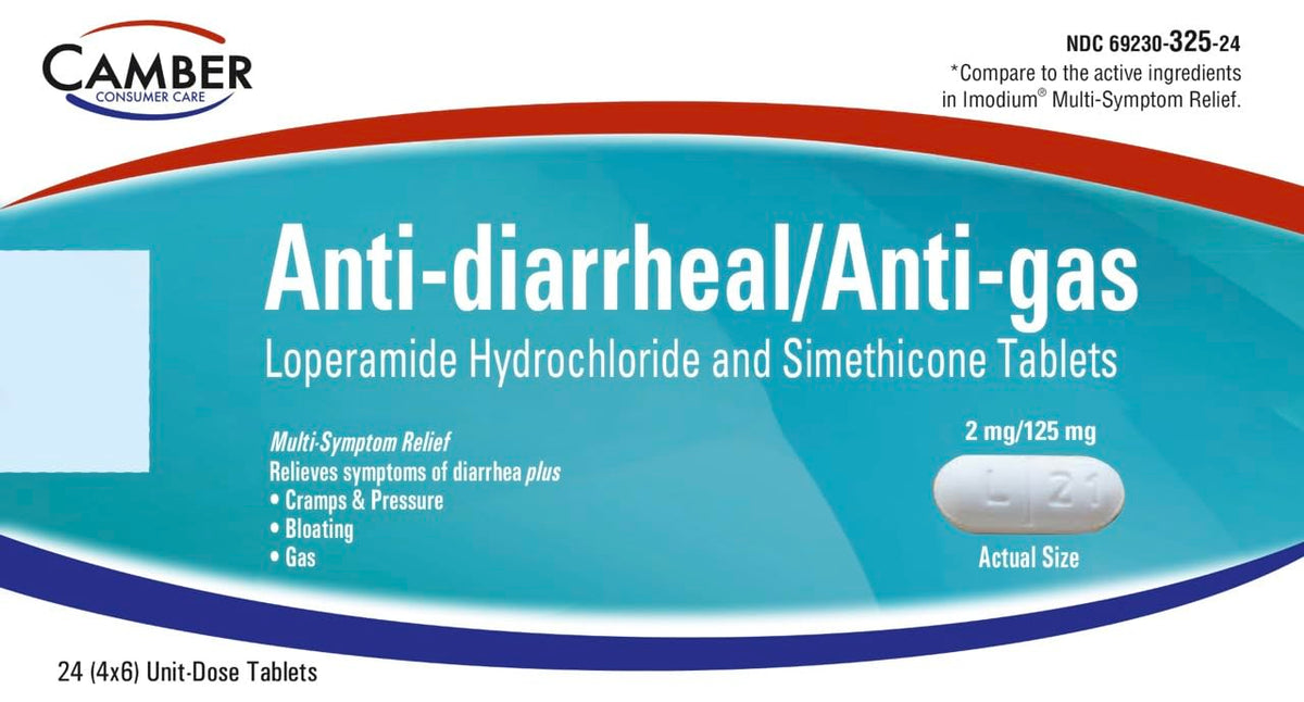 Camber Pharmaceuticals tablettes Loperamide en boîte pour le soulagement rapide de la diarrhée.