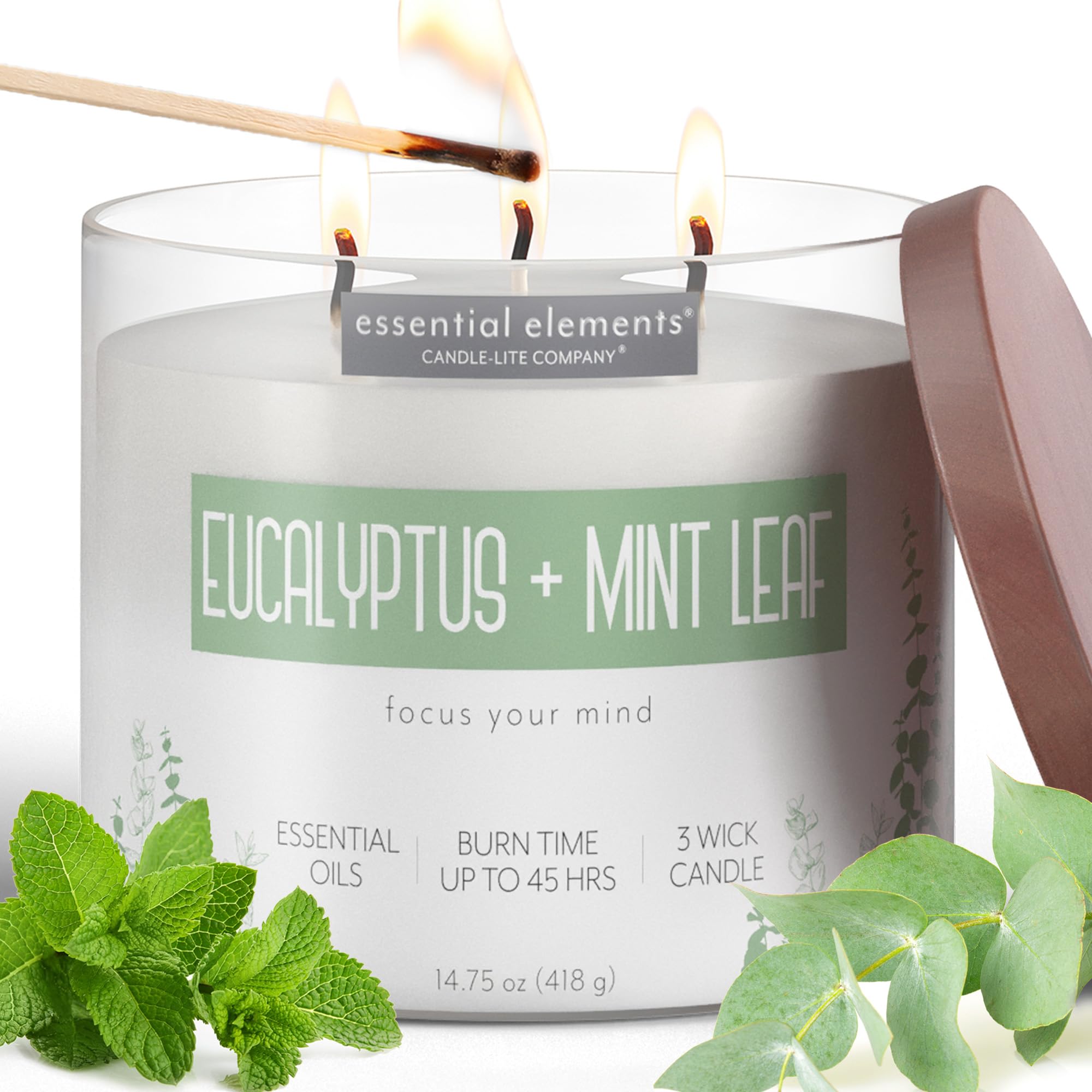 Bougie Candle-lite Essential Elements Eucalyptus et Menthe, rafraîchissante pour l’espace.
