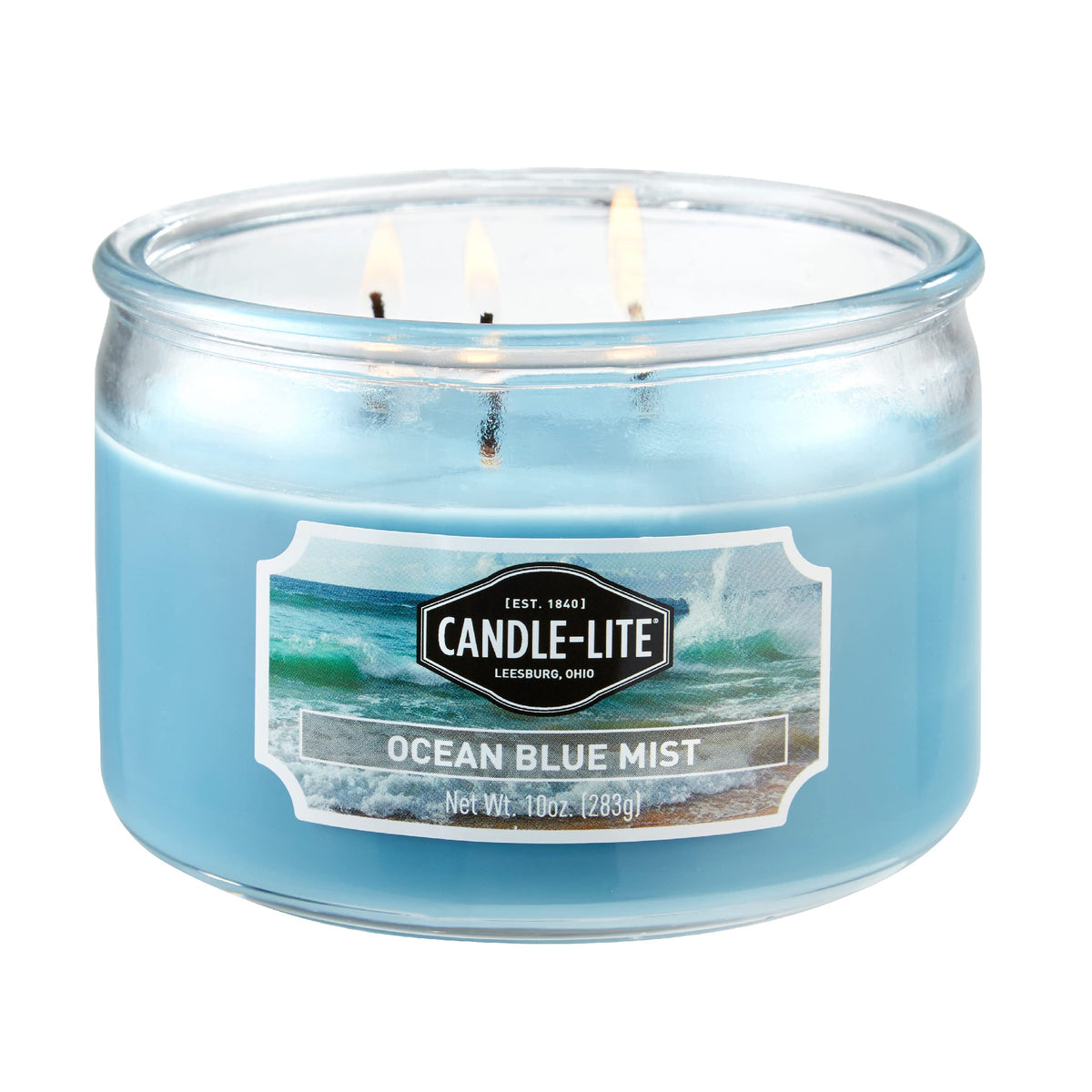 Candle-LITE Ocean Blue Mist, bougie 3 mèches coton, ambiance apaisante et durable.