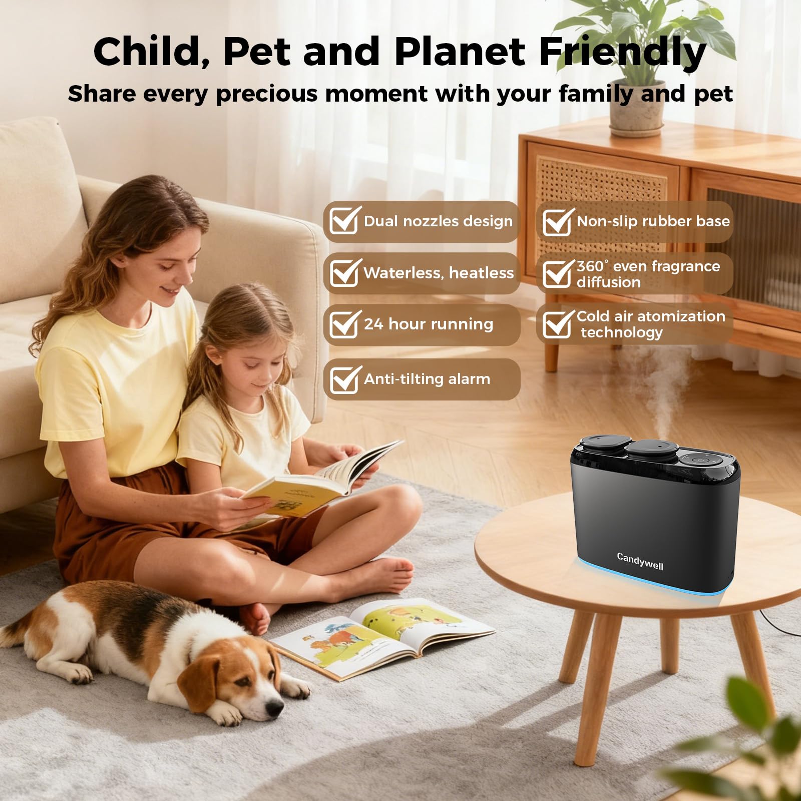 Candywell diffuseur silencieux avec lumière douce nocturne pour une ambiance calme.