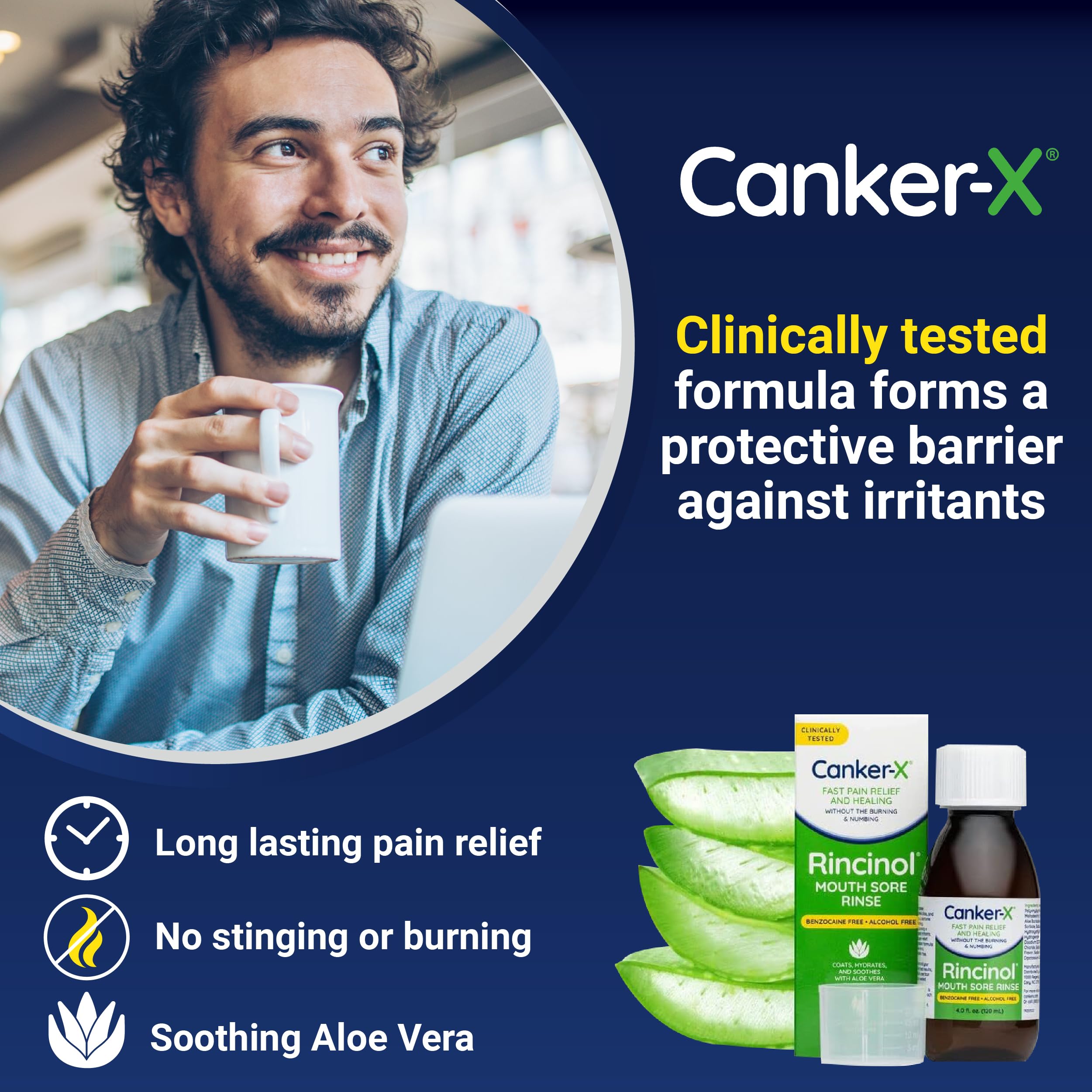 Rinçage-minute avec Canker-X Rincinol pour soulager les douleurs buccales.