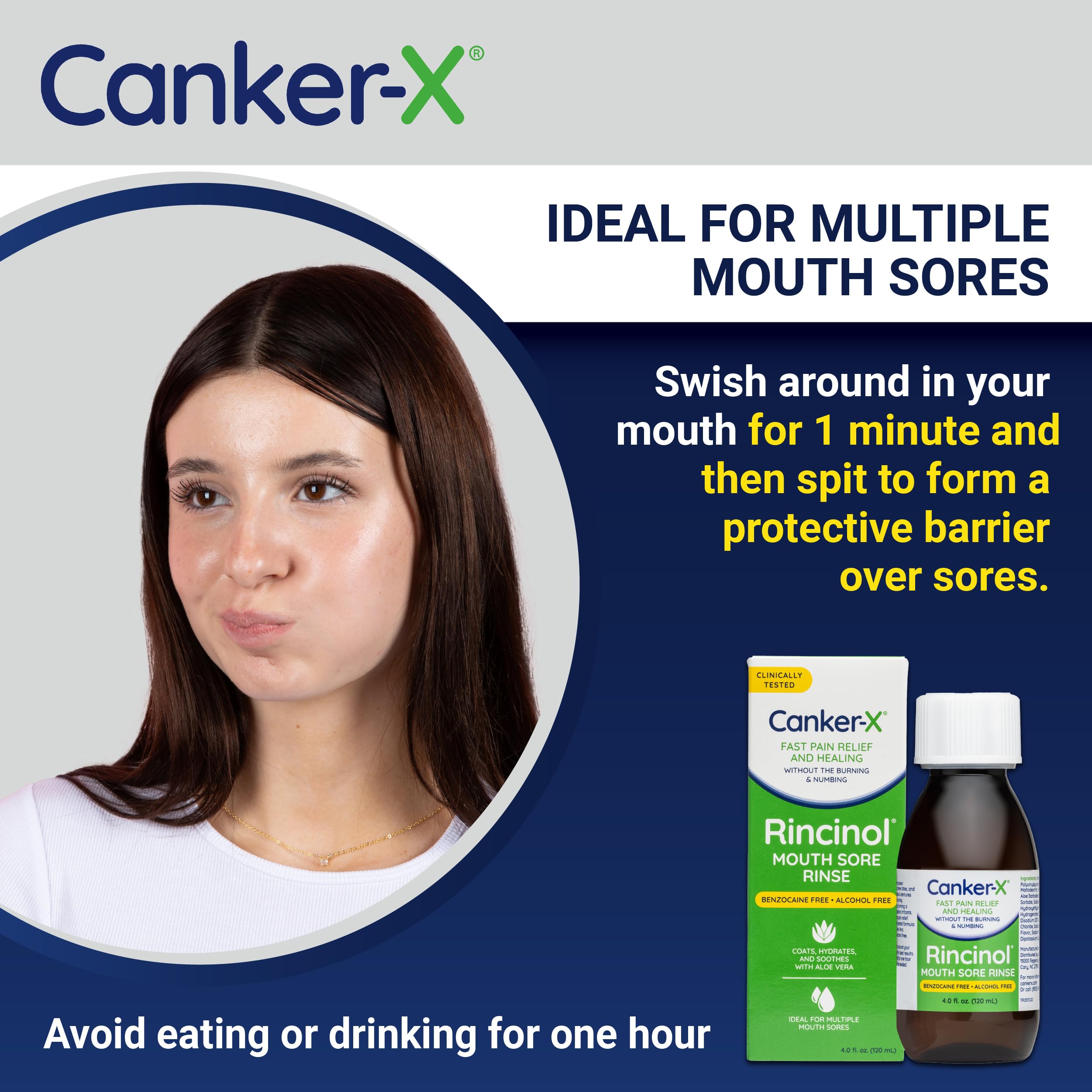 Soulagement durable jusqu'à 6 heures avec Canker-X Rincinol.