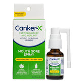 Canker-X Spray aphtes sur bouteille, soulagement ciblé des douleurs buccales.
