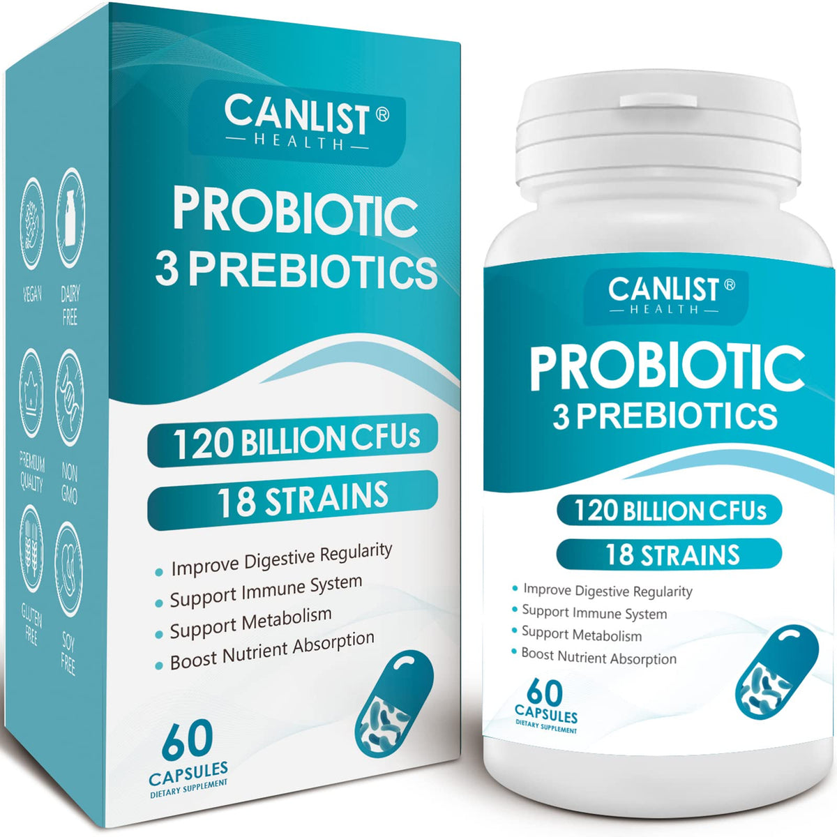 CANLIST Probiotiques: bouteille montrant 120 milliards CFU pour soutien digestif potentiel.