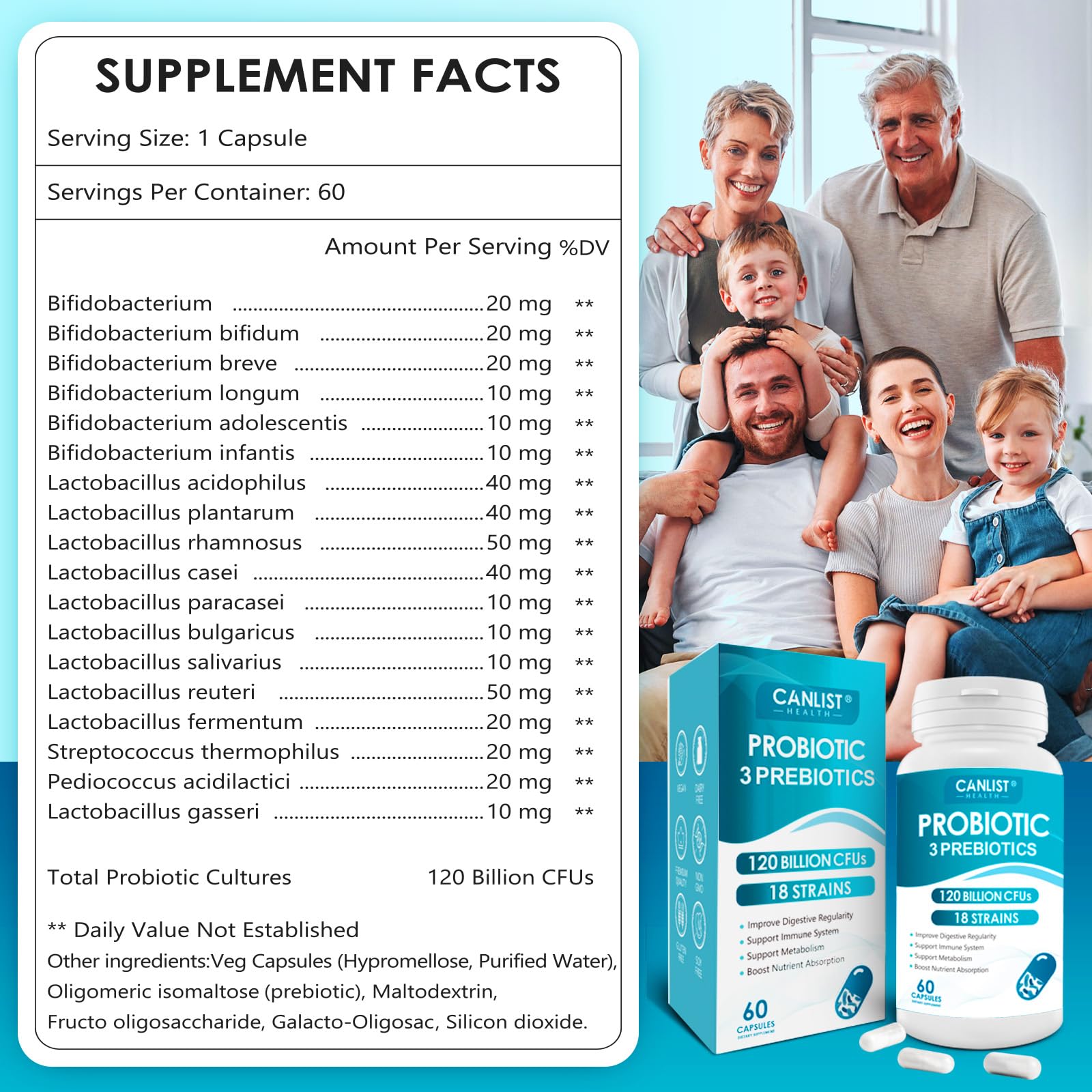 CANLIST Probiotiques: bouteille montrant 18 souches pour équilibre intestinal.