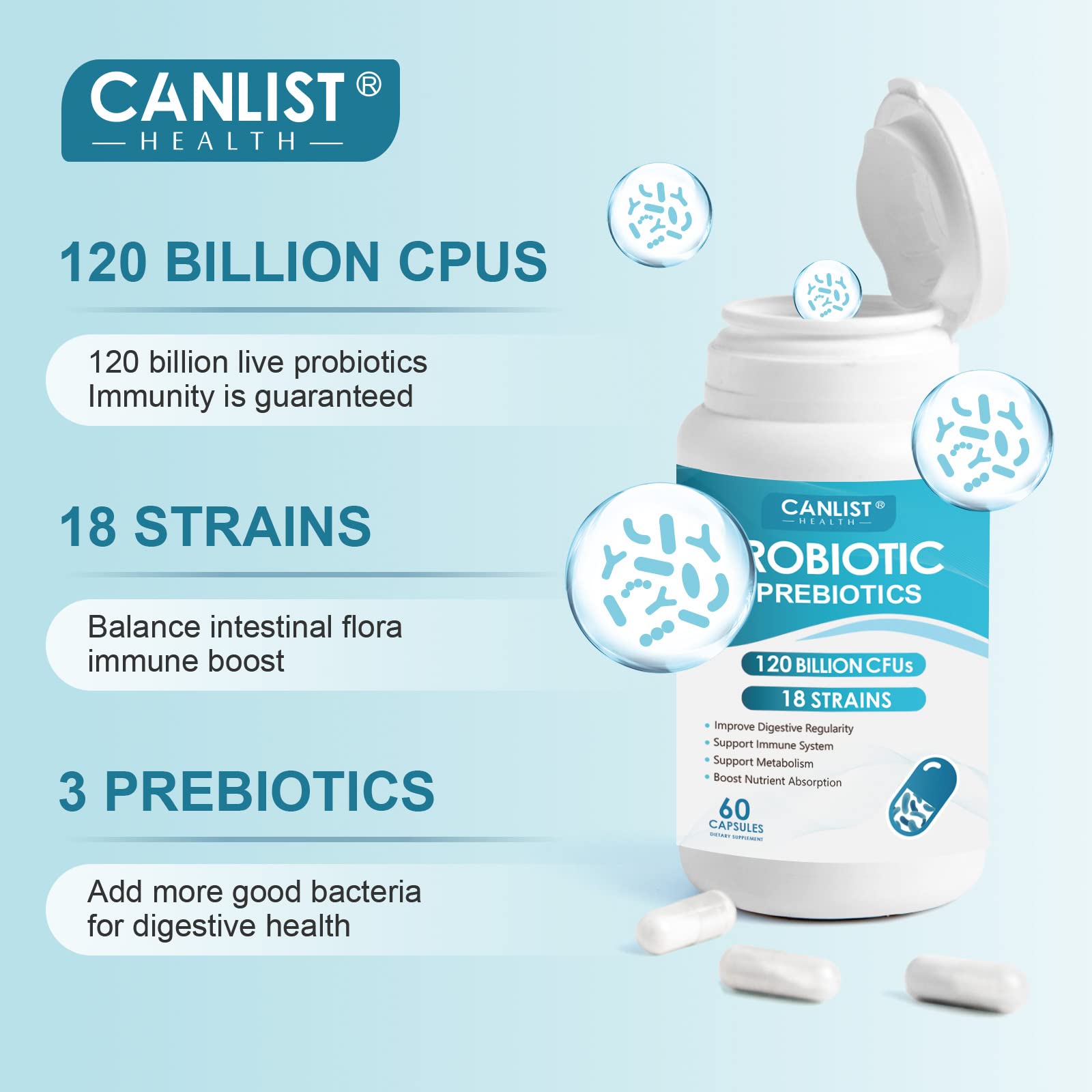CANLIST Probiotiques: flacon avec prébiotiques naturels favorisant la digestion.