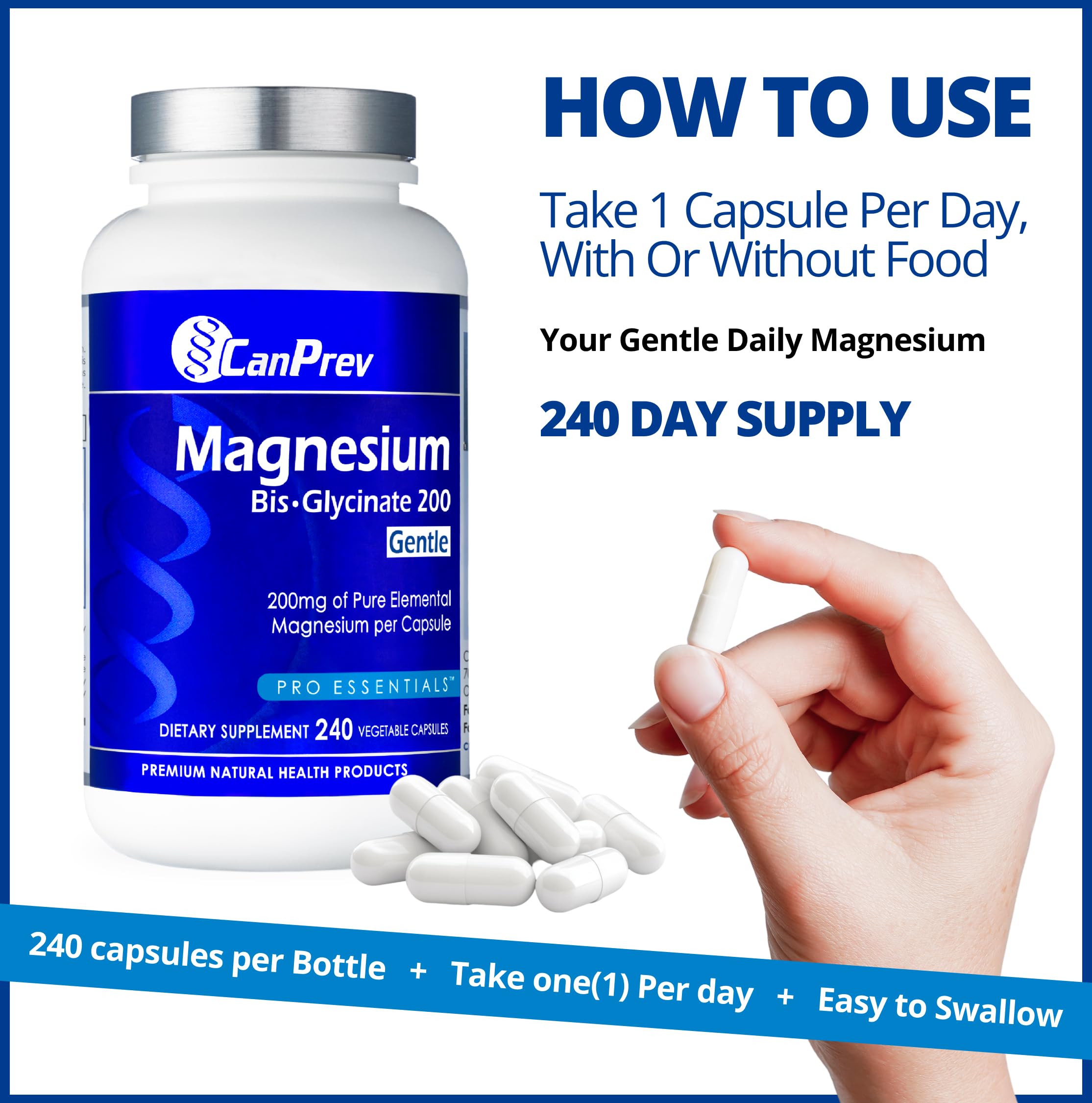 CanPrev Magnesium BisGlycinate 200 mg, sante-os-dents – contribue au maintien des os et dents.