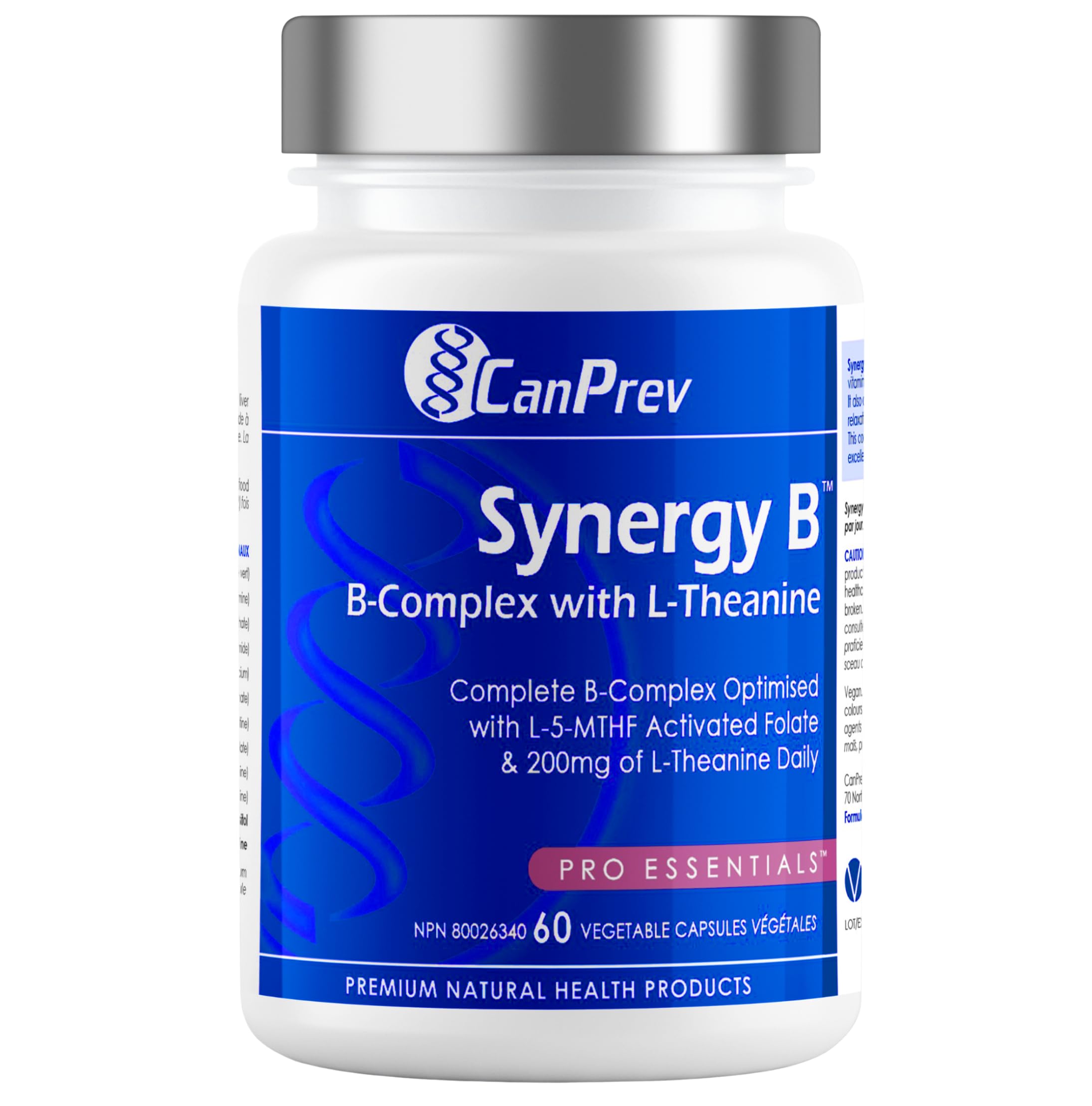 CanPrev Synergy B-Complex en bouteille: soutien quotidien des vitamines B et L-Theanine.