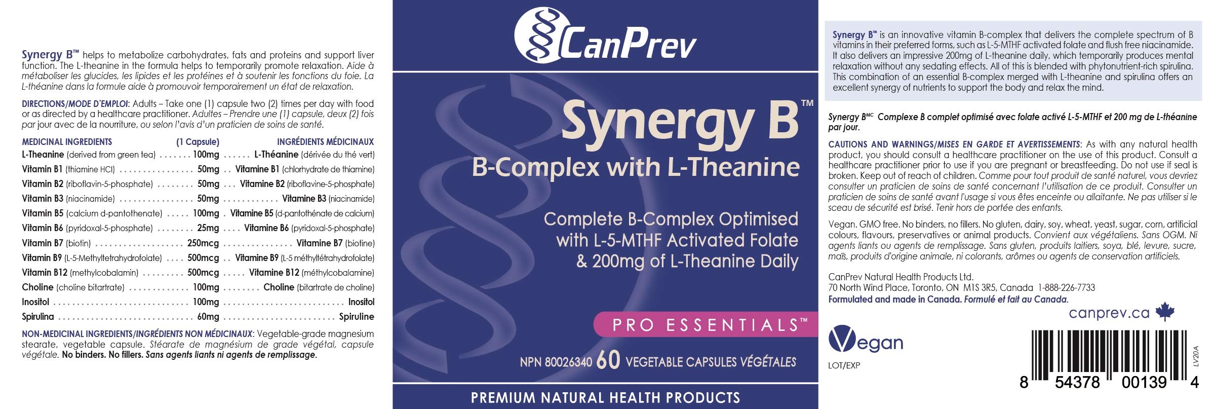 Label clair: ingrédients naturels CanPrev Synergy B-Complex et absence de conservateurs artificiels.