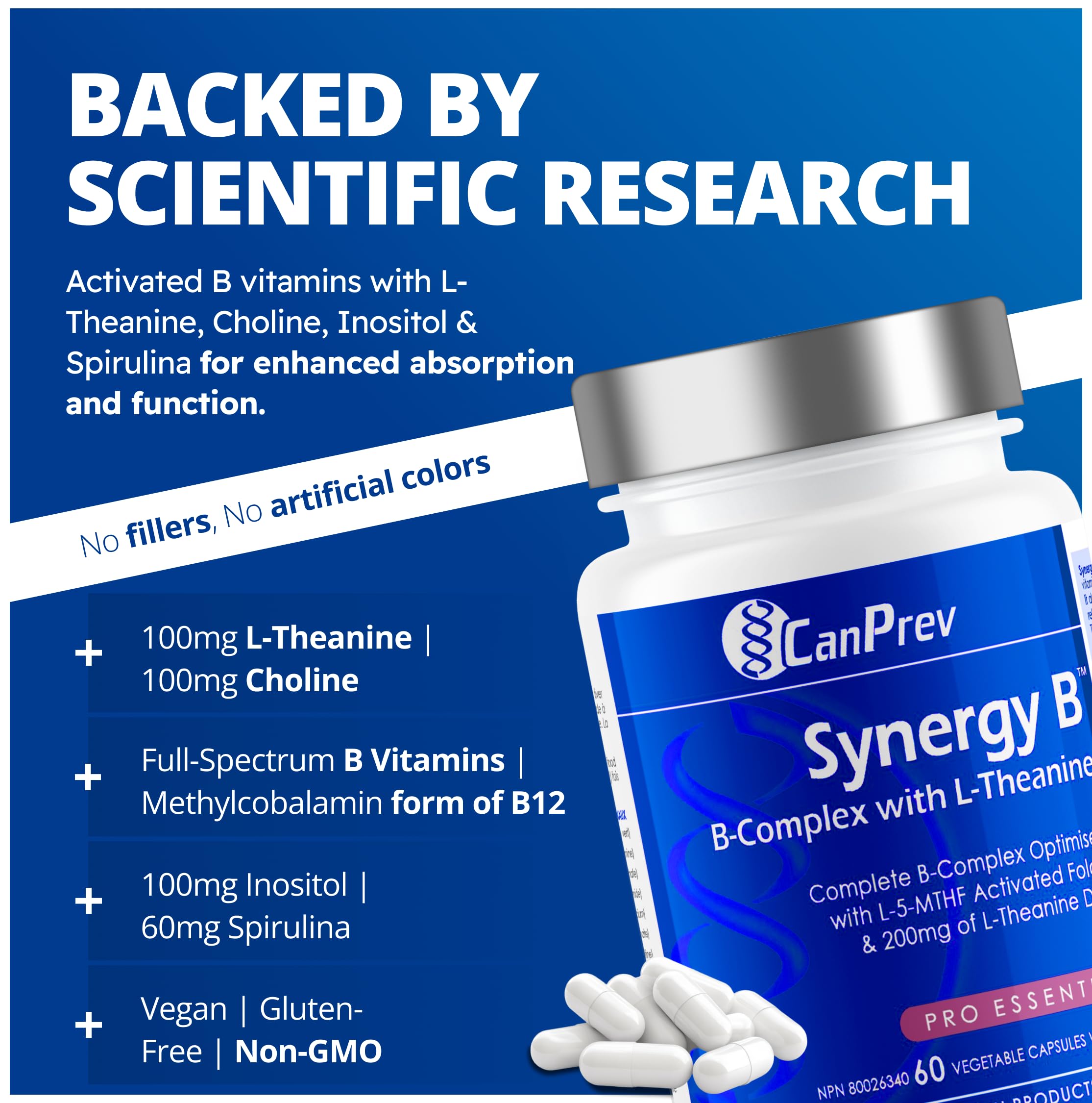 Poudre spiruline naturelle intégrée: CanPrev Synergy B offre nutriments végétaux riches.