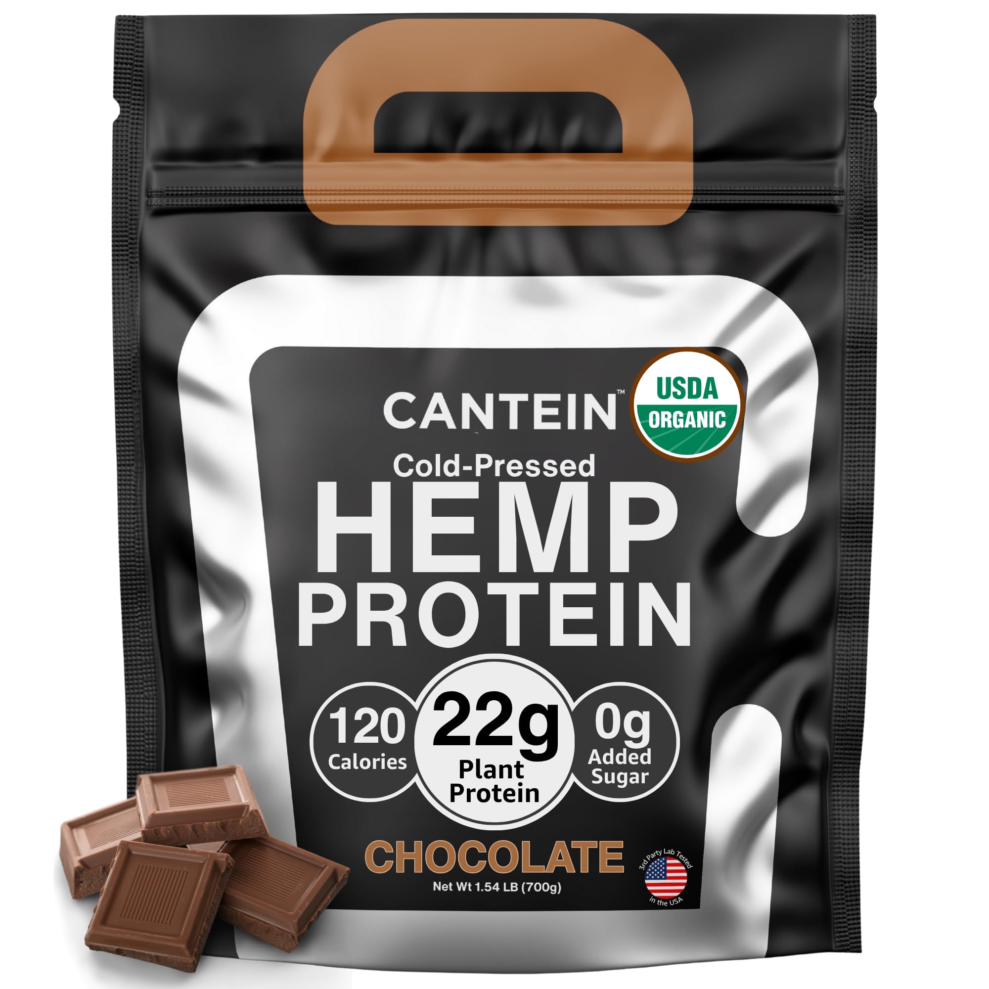 Cantein protéine chanvre poudre chocolat dans le pot, protéines végétales pour shake