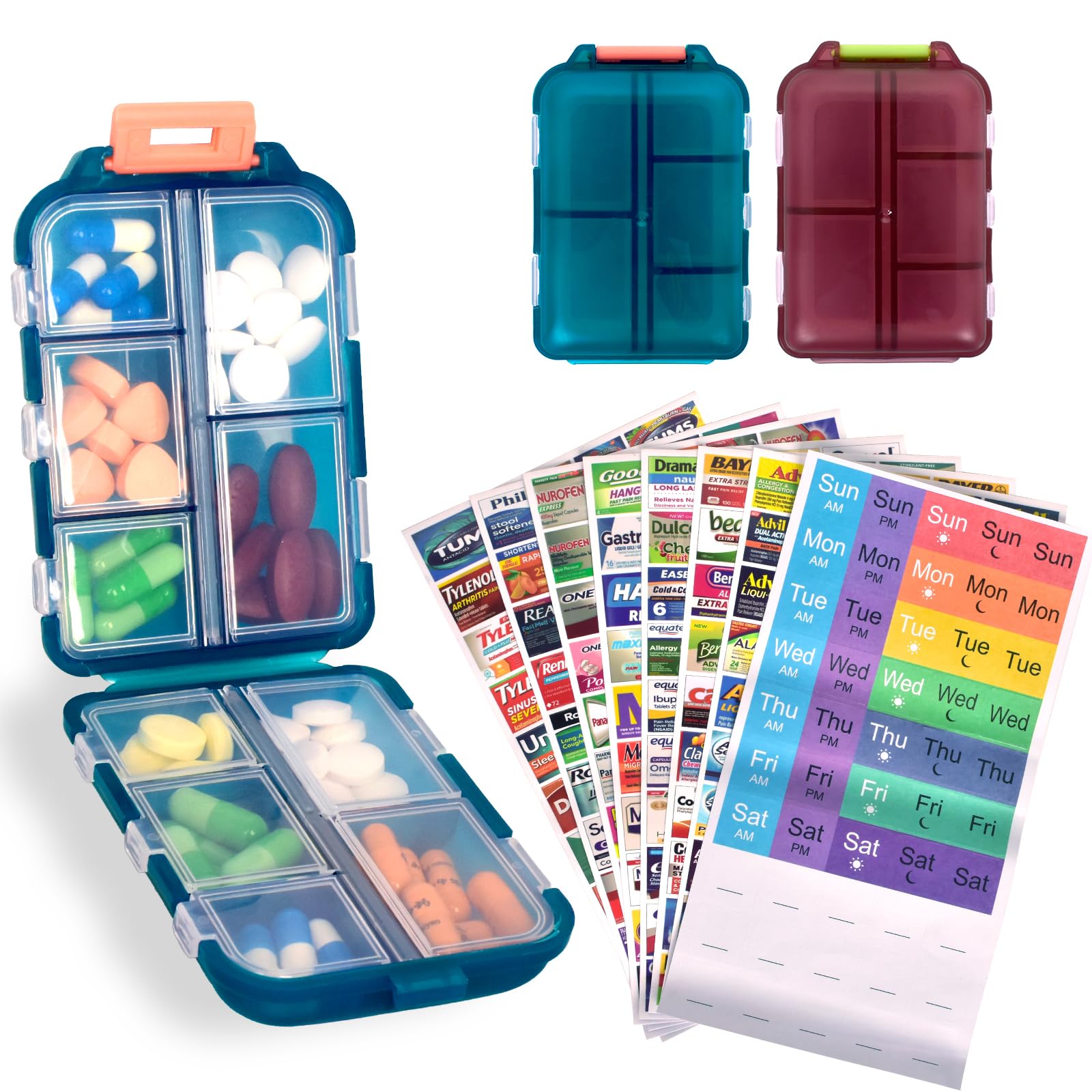 CAPHONT organisateur de pilules de voyage bleu et rouge, rangement pratique pour sept jours.