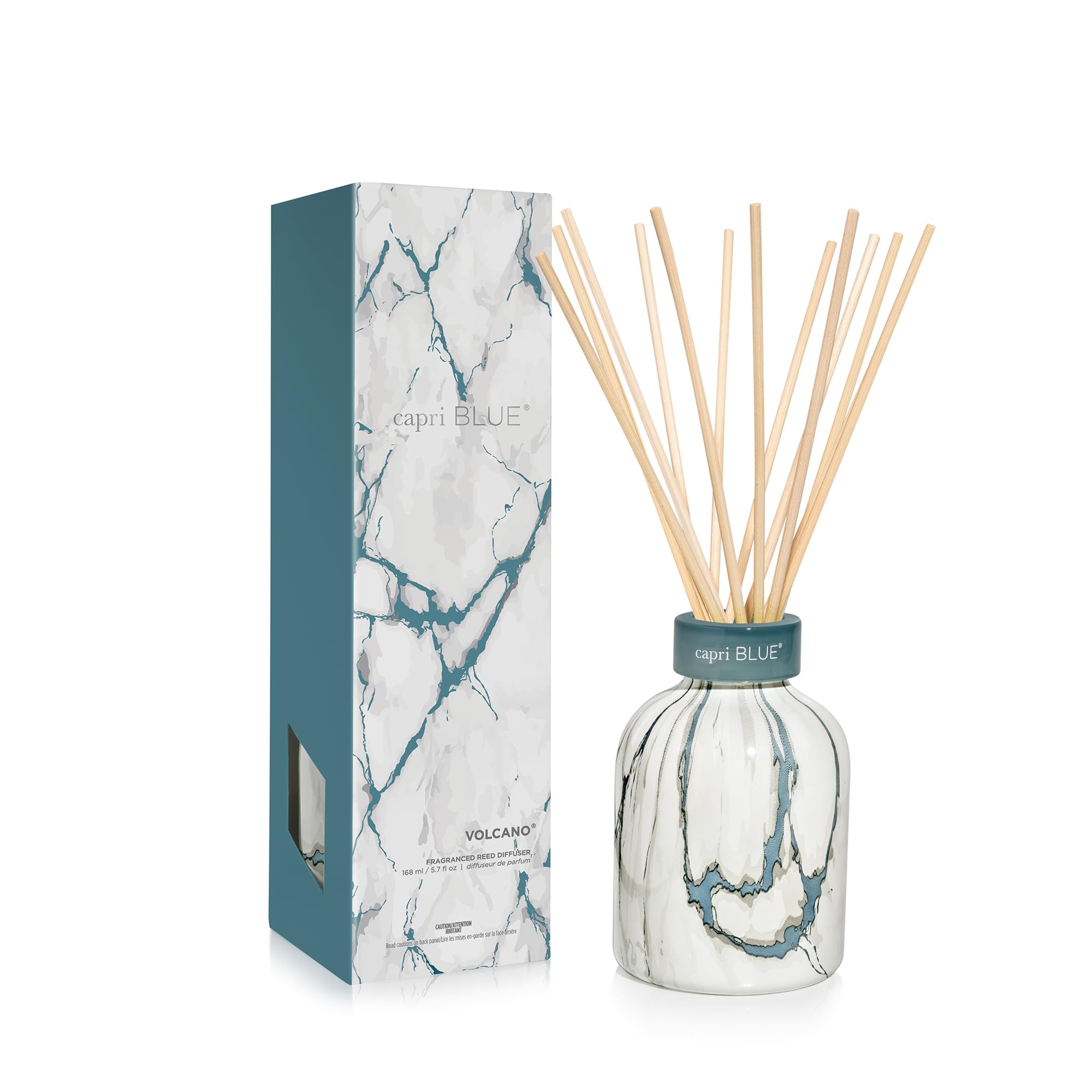 Capri Blue diffuseur à roseaux Volcano sur support marbre moderne pour une ambiance raffinée.