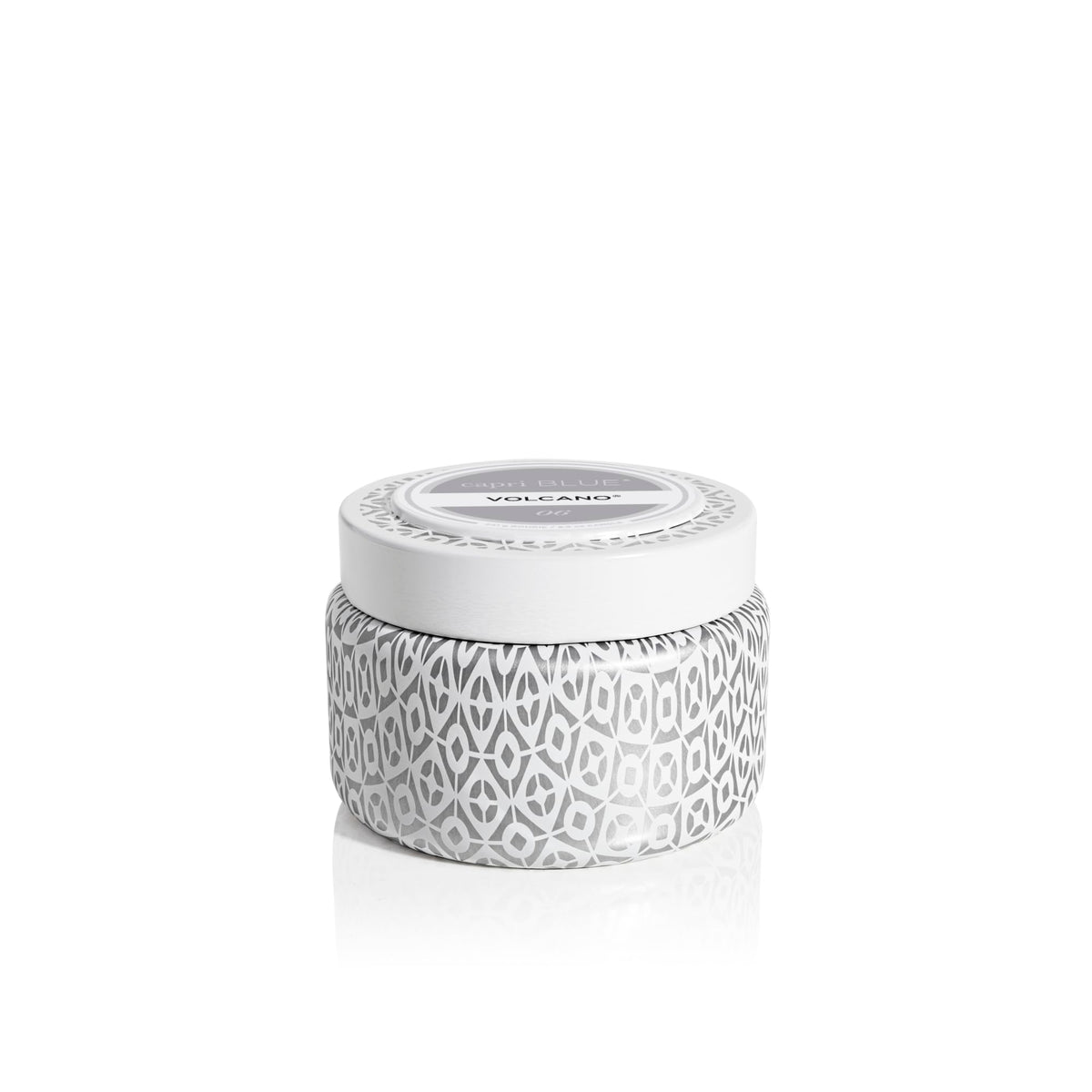 Capri Blue Volcano Travel Tin blanc et argent pour salon moderne.