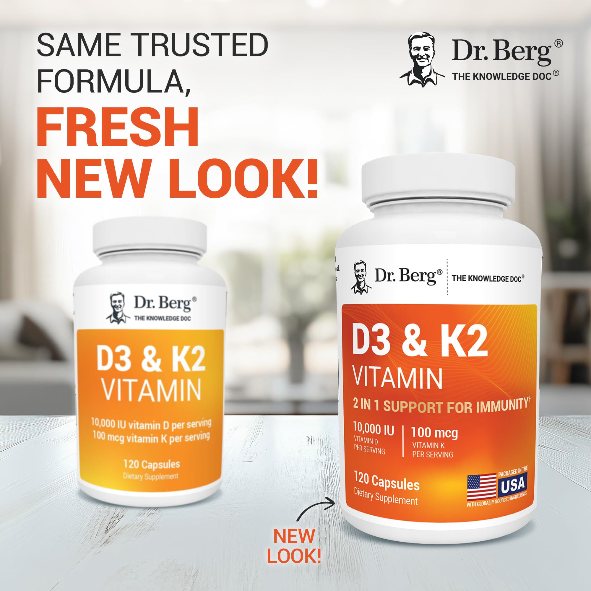 Capsules Dr. Berg D3 K2, formulation 7-en-1 sans sucres ajoutés.