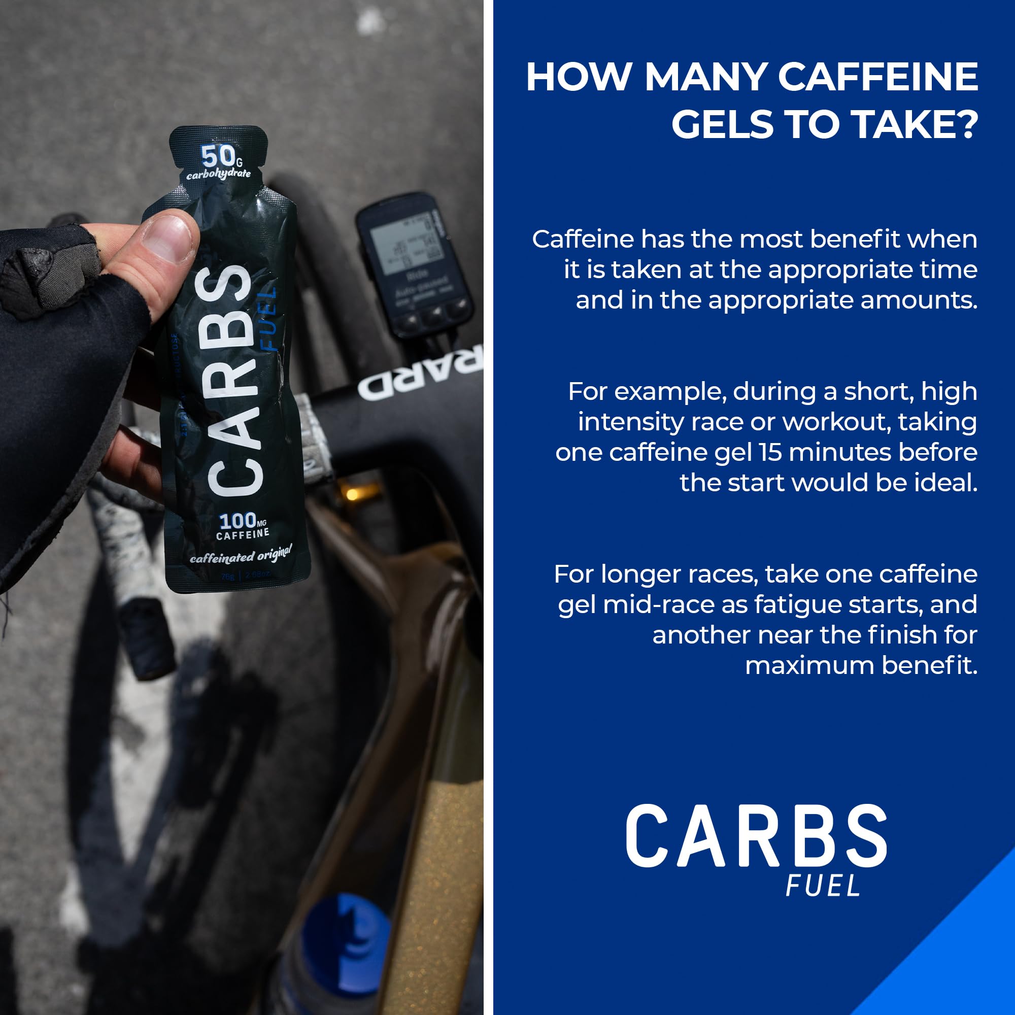 Utilisation en course ou en vélo avec le Gel Caféiné Carbs Fuel Original.