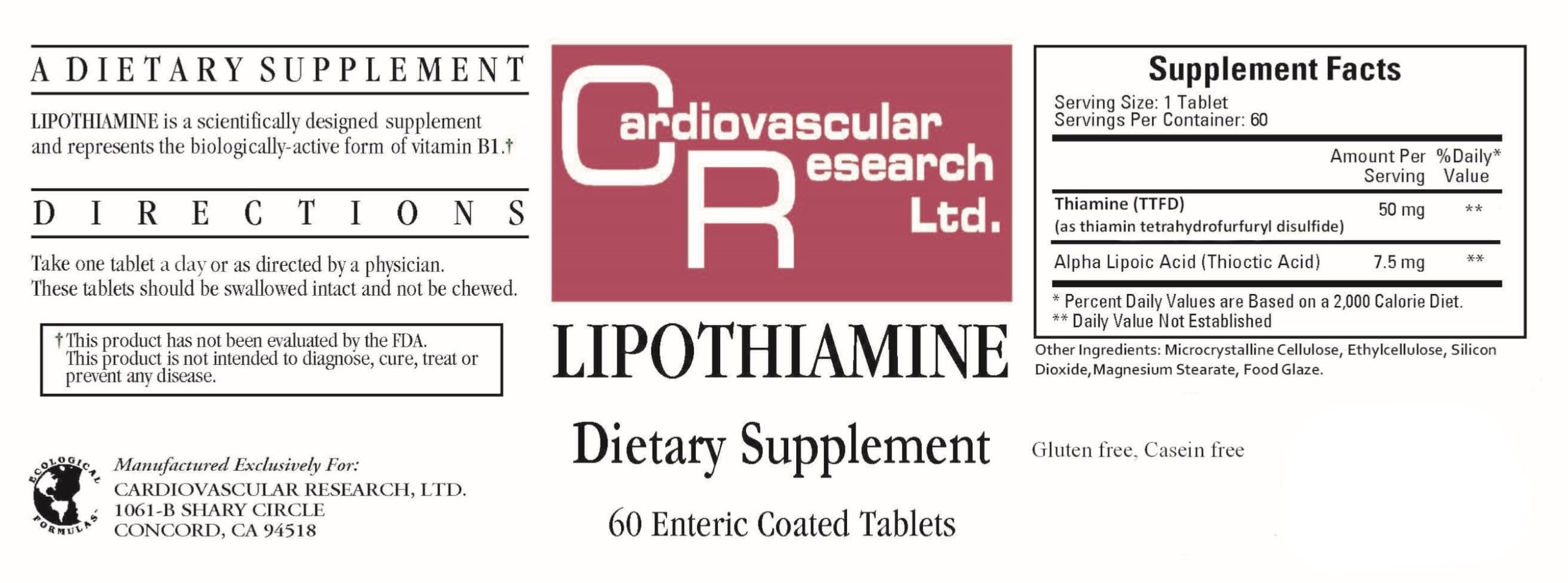 Cardiovascular Research Lipothiamine ALA – étiquette lisible pour la posologie et la conservation.