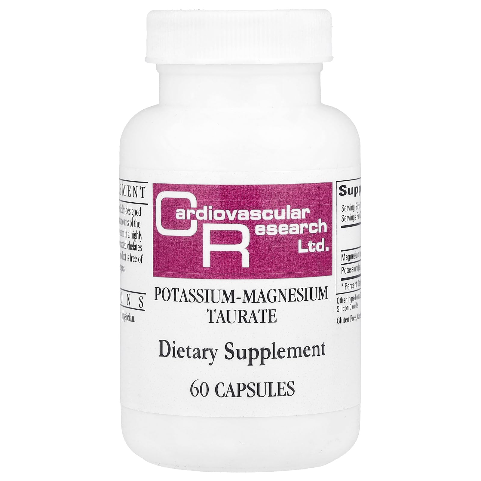 Cardiovascular Research Magnesium-Potassium Taurate – bouteille clairement étiquetée, pratique pour une prise quotidienne.