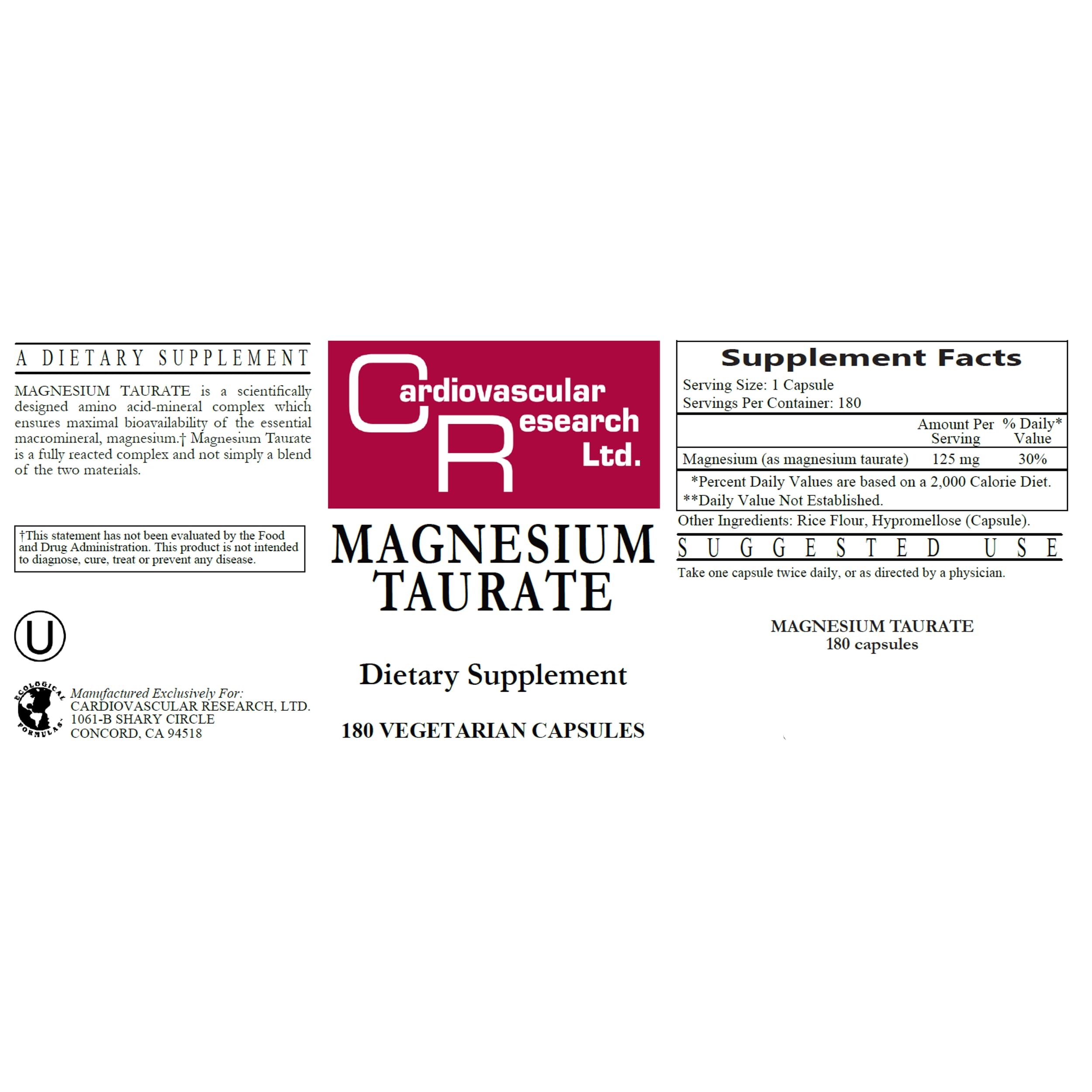 Cardiovascular Research Magnesium Taurate, bouteille ouverte montrant l'étiquette, facilité d'utilisation.