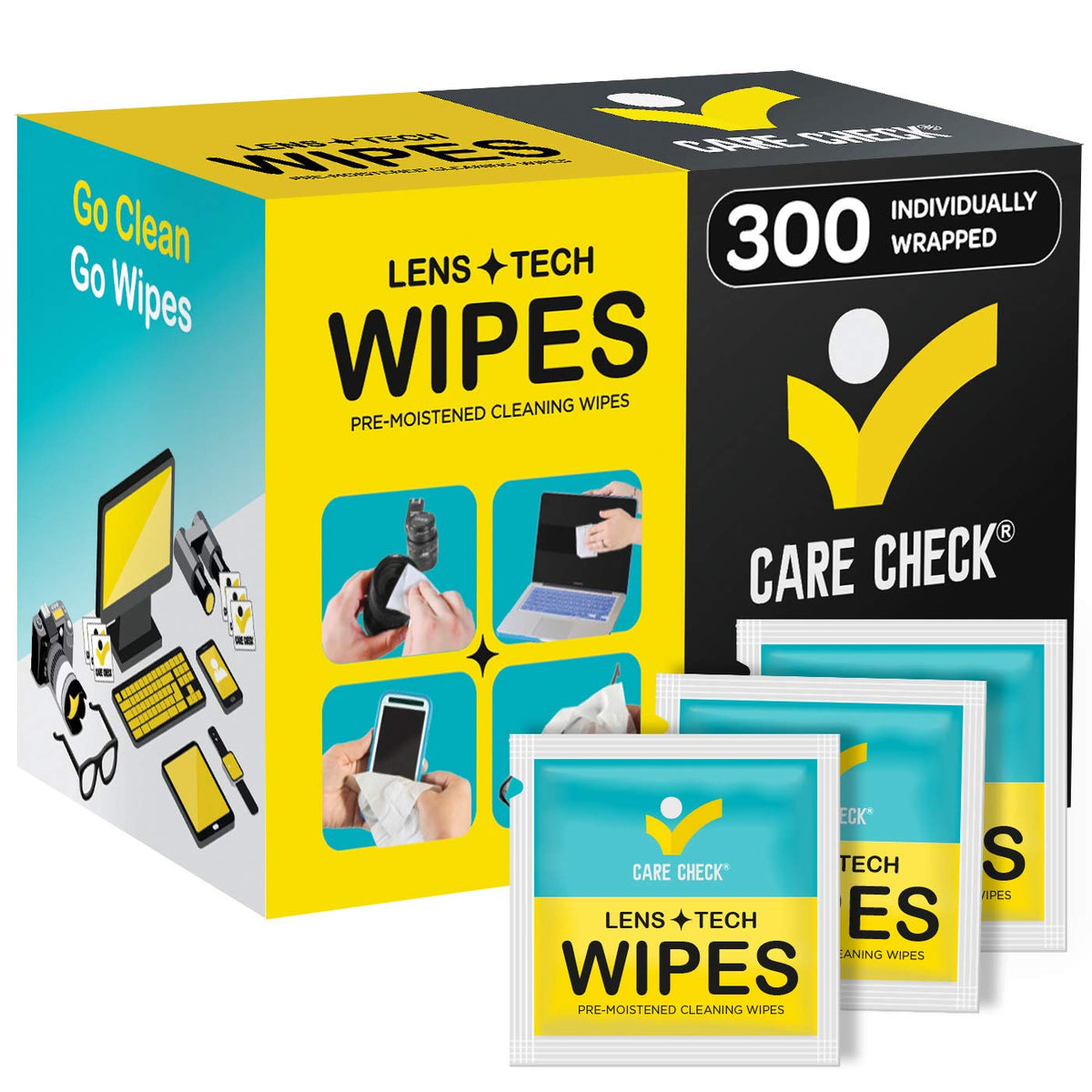 Care Check lingettes nettoyantes emballage prêt à l’emploi pour un nettoyage rapide.
