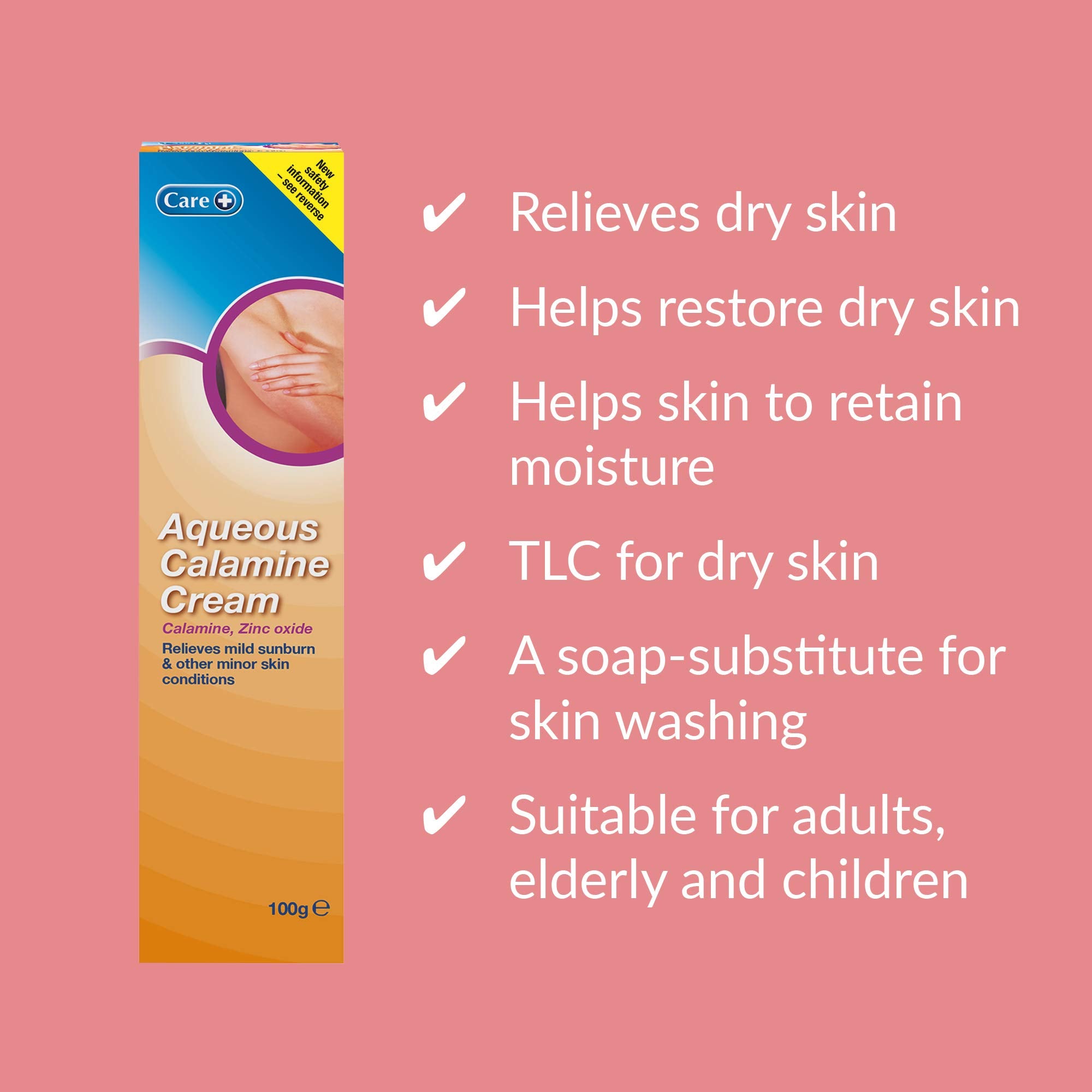 Care + Crème calamine aqueuse 100 – texture légère et apaisante sur la peau.