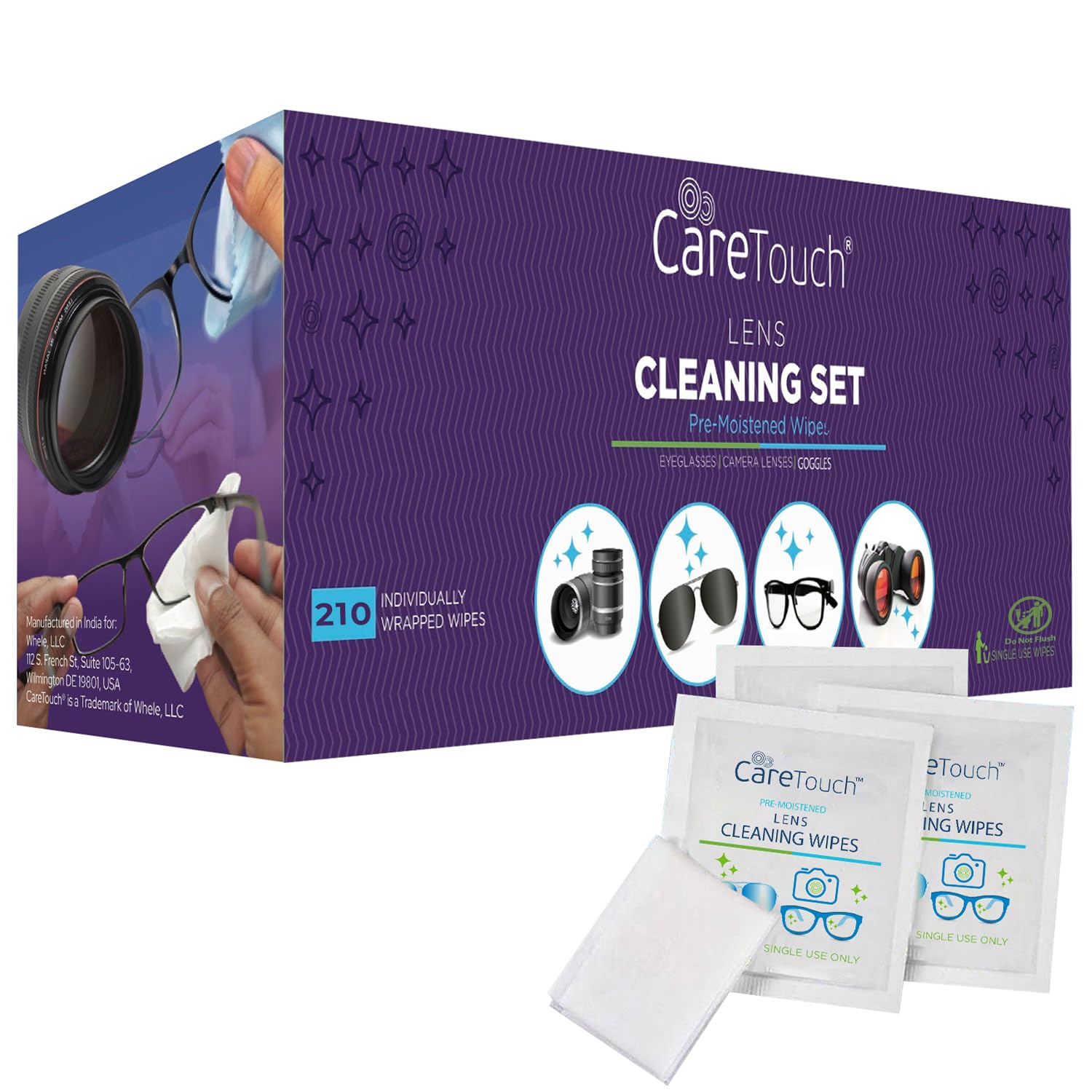 Care Touch lingettes lunettes 210 emballages individuels, pratique en déplacement.