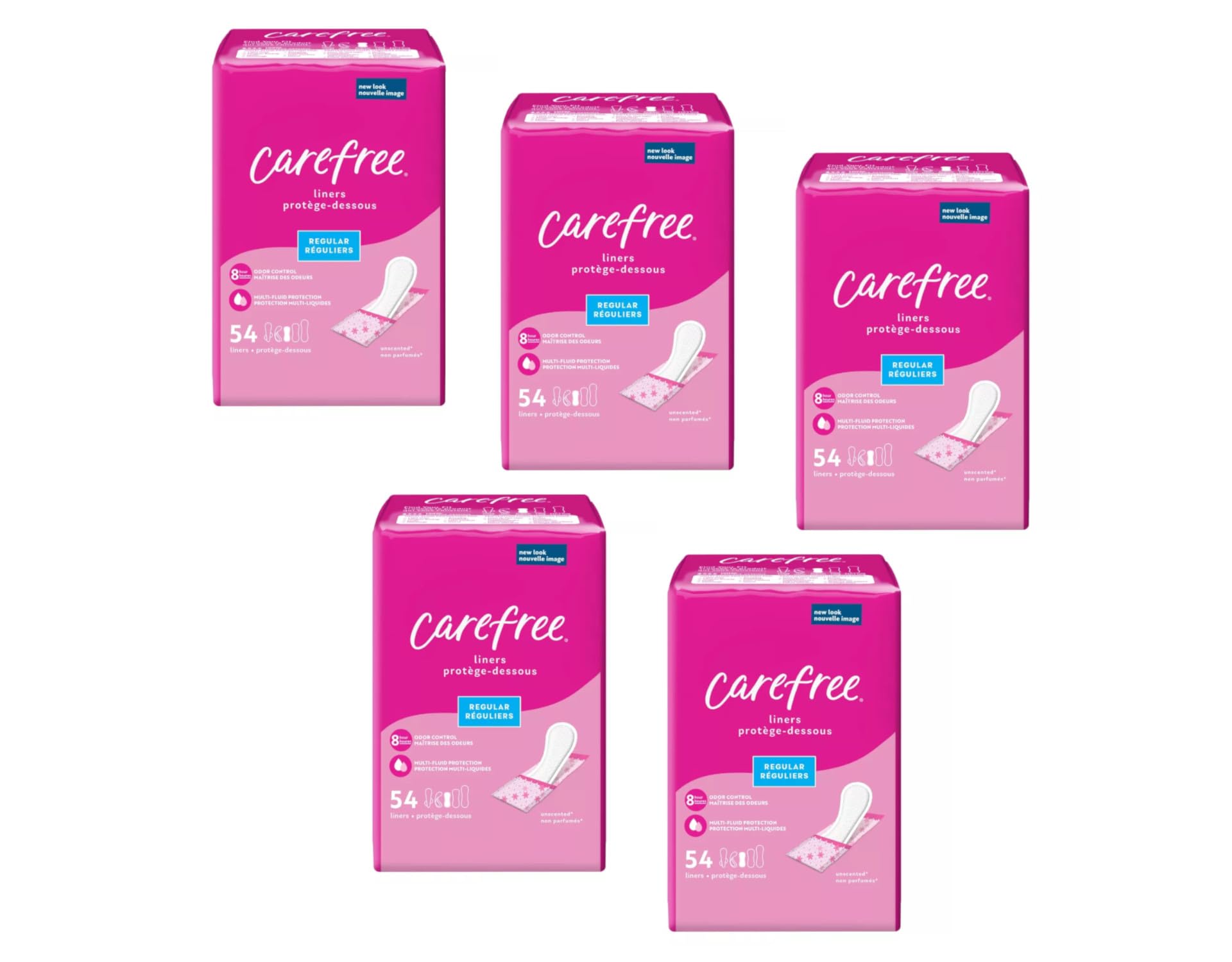 Carefree Acti-Fresh Body Shape pantiliners, emballage de 54 unités pour le quotidien.