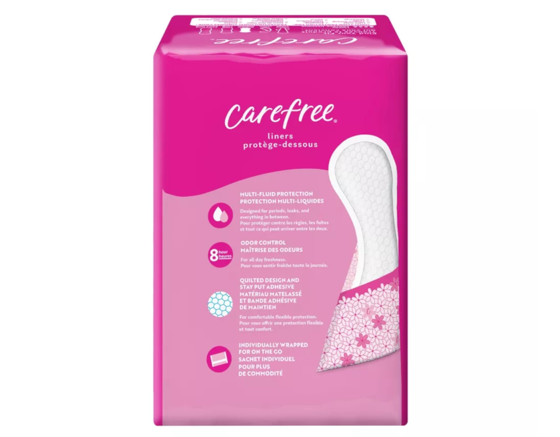 Carefree Acti-Fresh Body Shape pantiliners, conception anatomique pour un port discret et confortable.