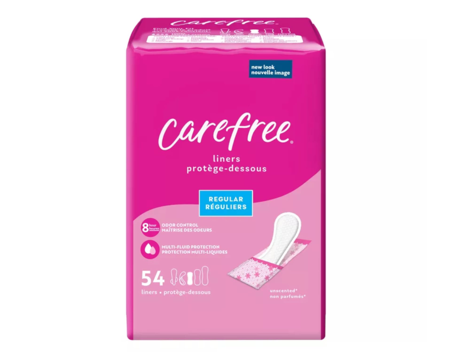 Carefree Acti-Fresh Body Shape pantiliners, idéal pour les journées actives et les déplacements.