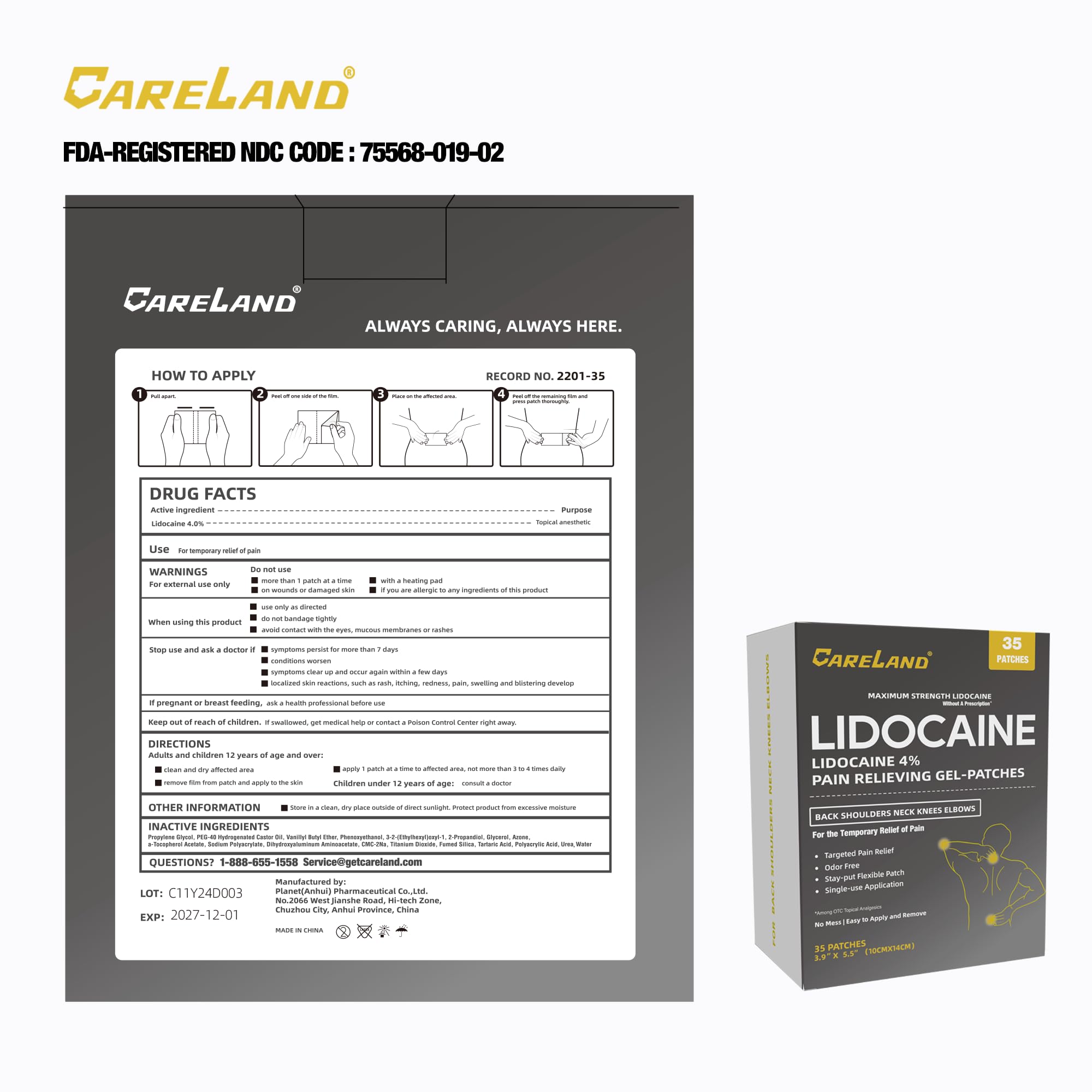 Pansement CARELAND lidocaïne 4% en application, soulagement ciblé lors des déplacements.