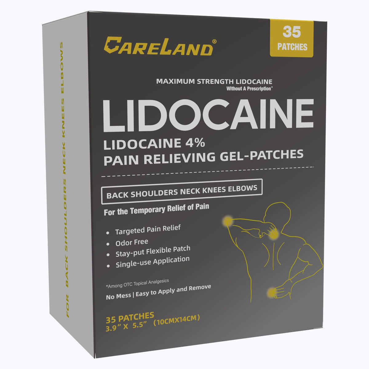 Pansement CARELAND lidocaïne 4% prêt à l’emploi, emballage pratique pour soulager rapidement.