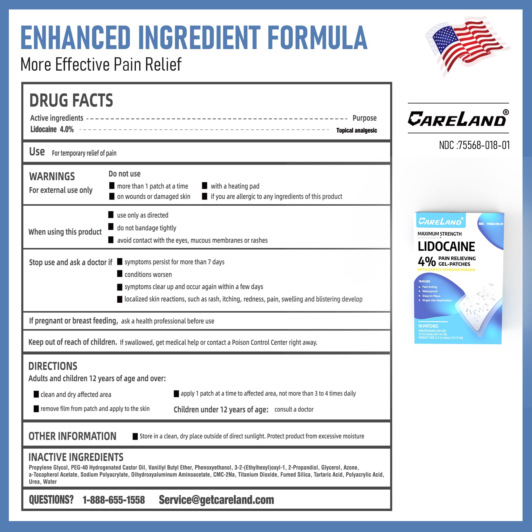 CARELAND Patch lidocaine 4% – 18 paquets pratiques dans la boîte.