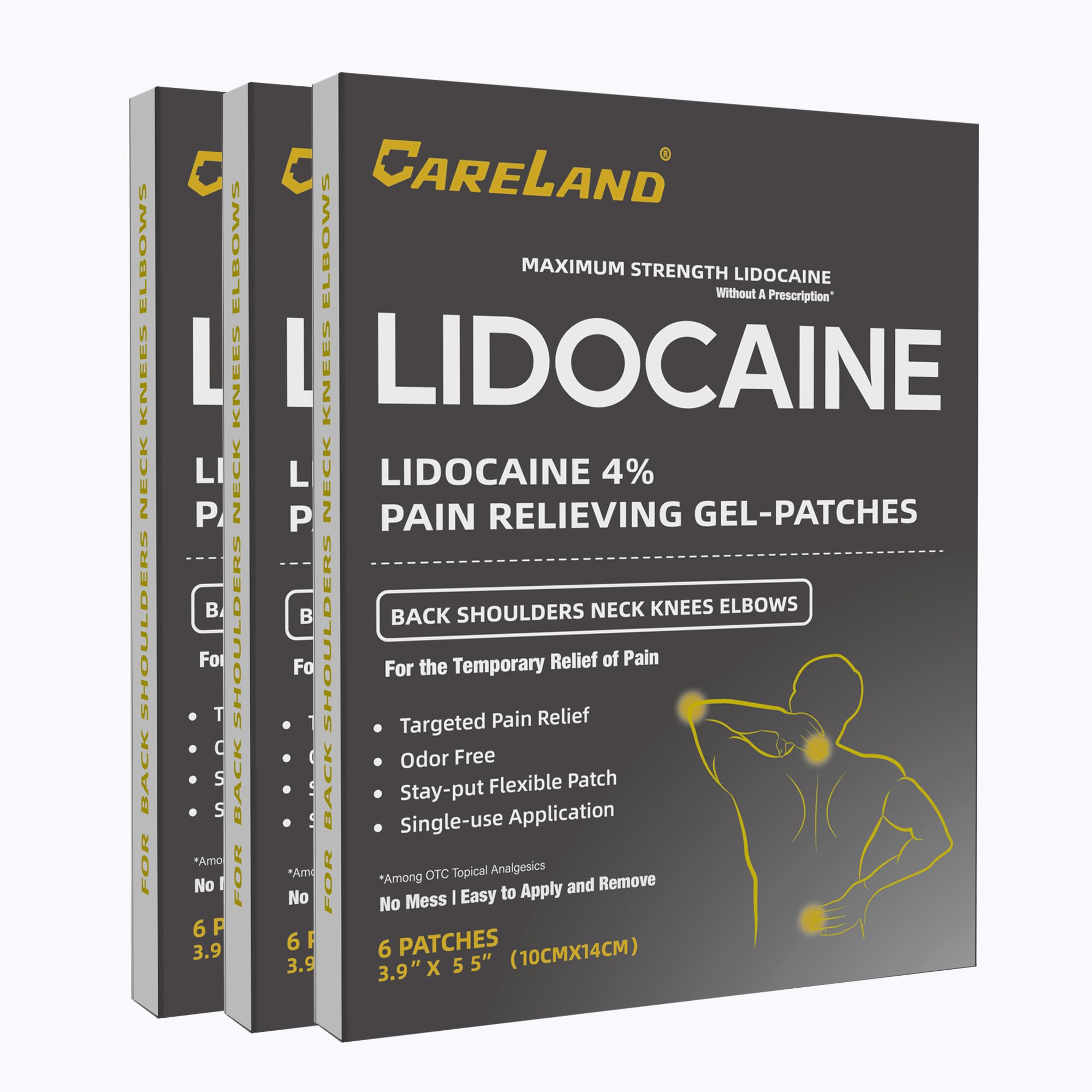 Patch CARELAND lidocaine sur dos epaule pour soulagement musculaire ciblé
