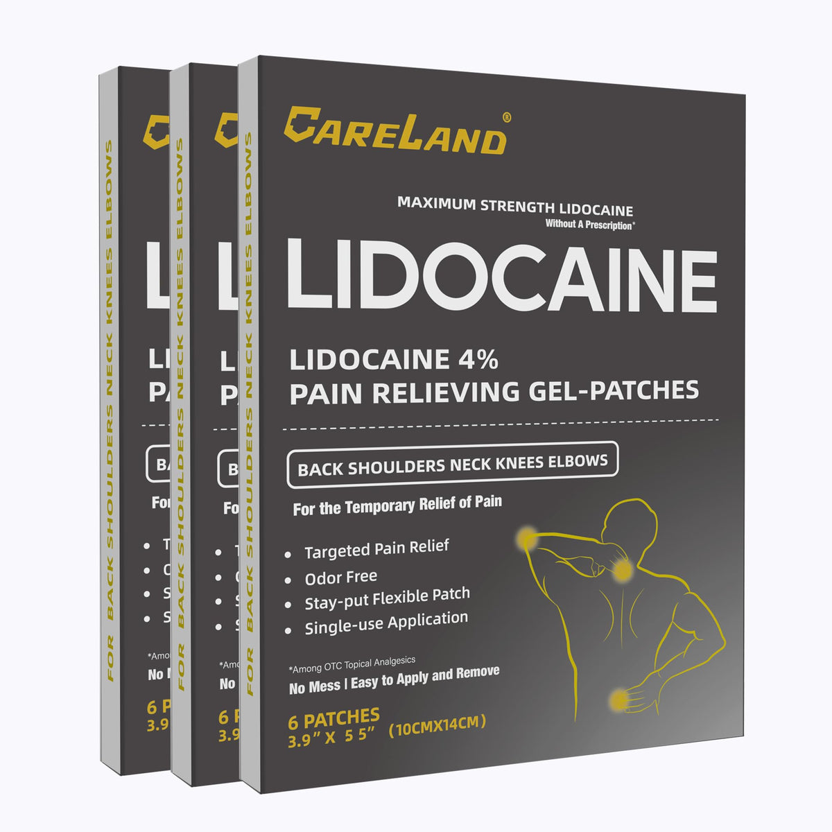 Patch CARELAND lidocaine sur dos epaule pour soulagement musculaire ciblé