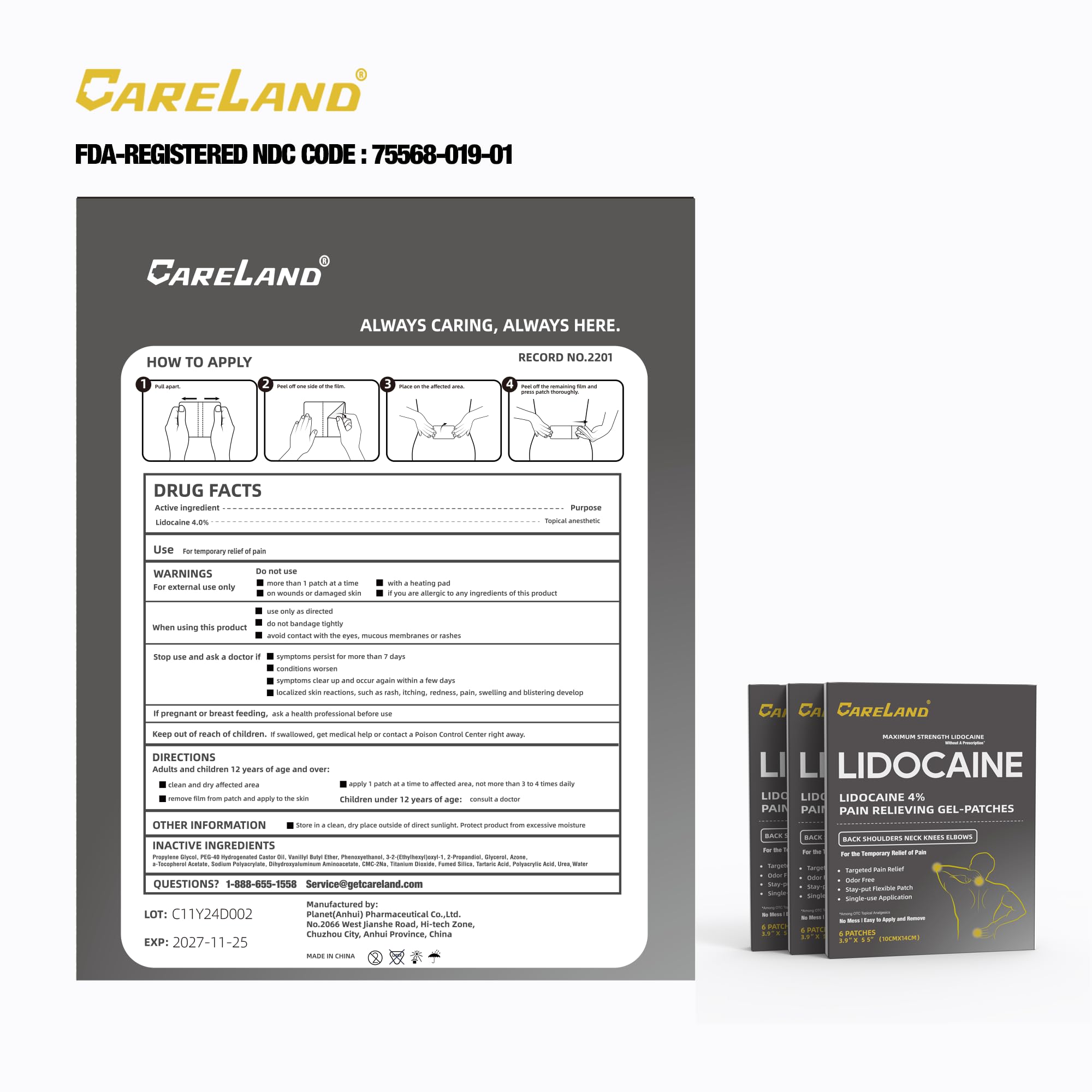 Patch CARELAND lidocaine poignet pour douleur légère à modérée
