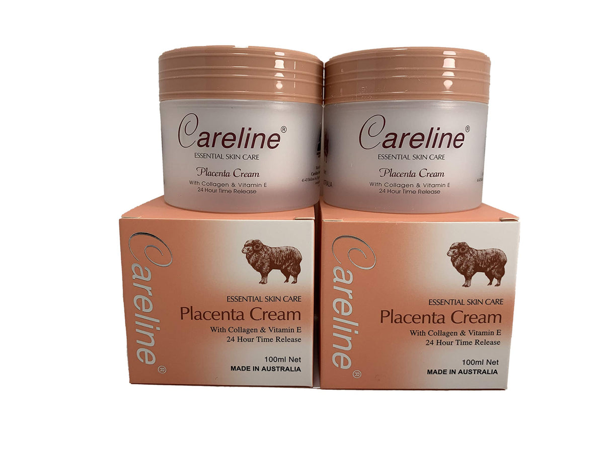 Careline crème placenta avec collagène et vitamine E, flacon élégant pour hydratation nourrissante.
